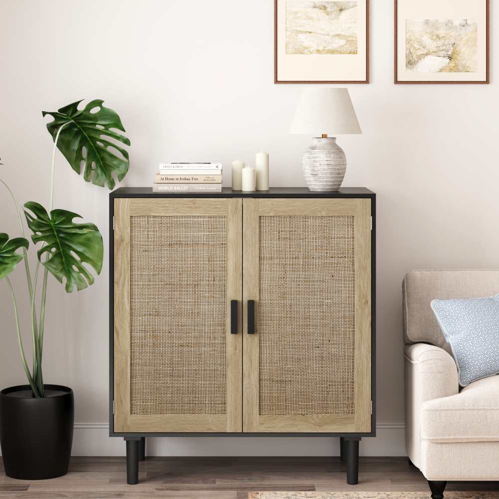 Buffet 2 portes en rotin, 80cm, rangement spacieux, anti-basculement – pour salon, salle à manger, entrée - 5