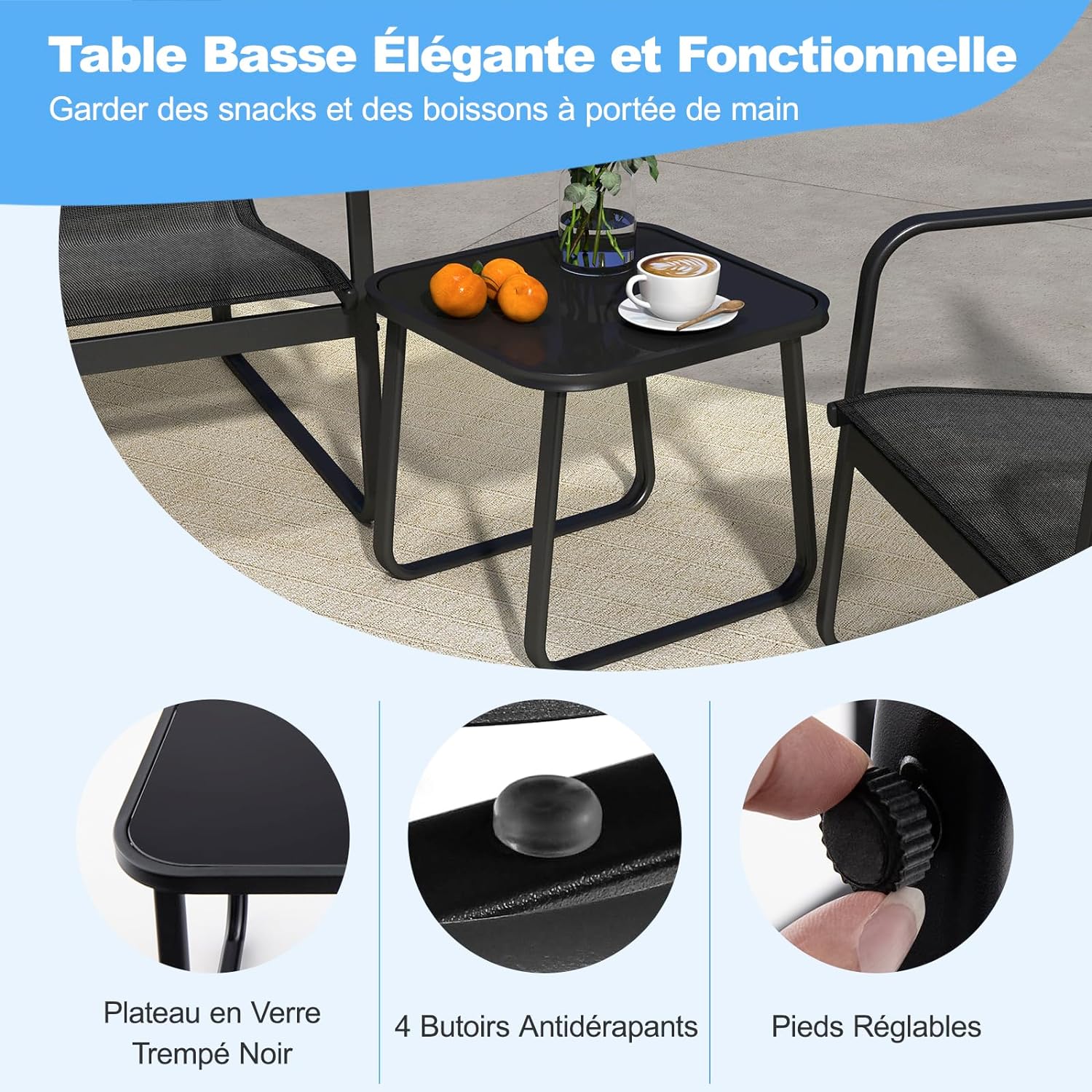 3Pcs Salon de Jardin 3 Personnes, Ensemble de 2 Chaises et de Table Basse en Verre Trempé, Salon de Bistrot avec Cadre Métallique - 8