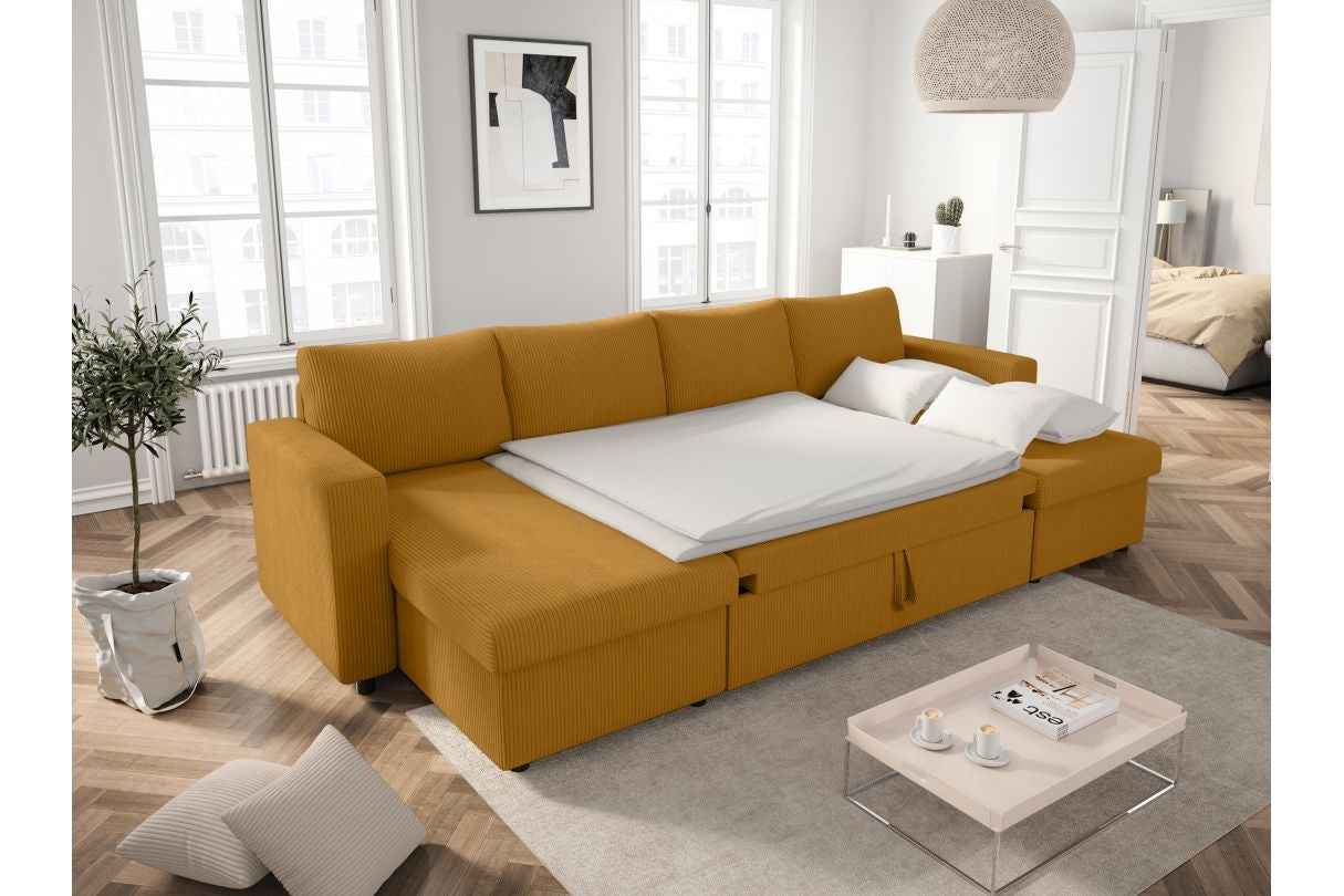 Loungitude - Canapé d'angle panoramique MARIA convertible avec 2 coffres en velours côtelé - Jaune - 3