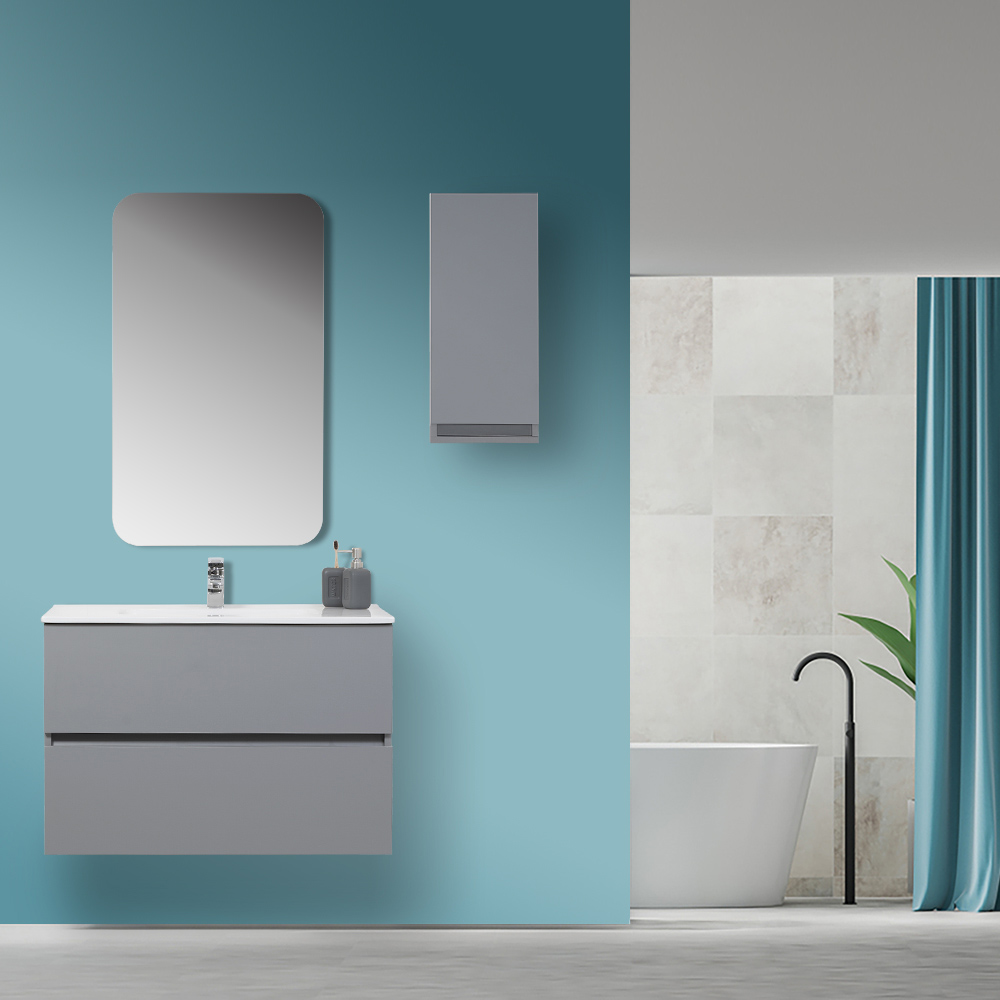 90x47 Meuble de salle de bain moderne suspendu gris pastel avec miroir - 2
