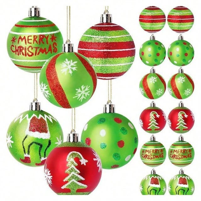 Lot de boules de Noël Grinch de 6 cm, ornements suspendus peints pour sapin, décoration festive verte et rouge pour fête de fin d'année