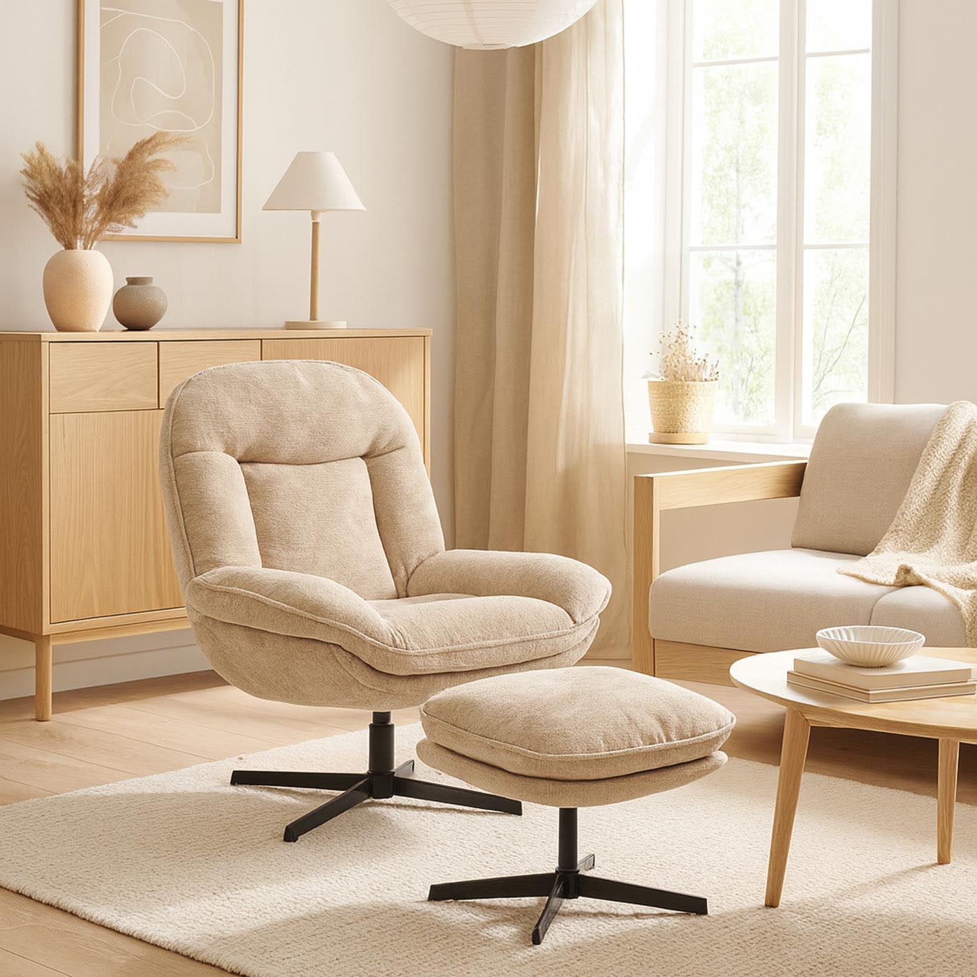 Fauteuil relax HWC-P32, fauteuil TV à suspension Nosag, fauteuil rembourré, pivotant, métal, tissu/textile chenille (370 g/m²) ~ crème - 2