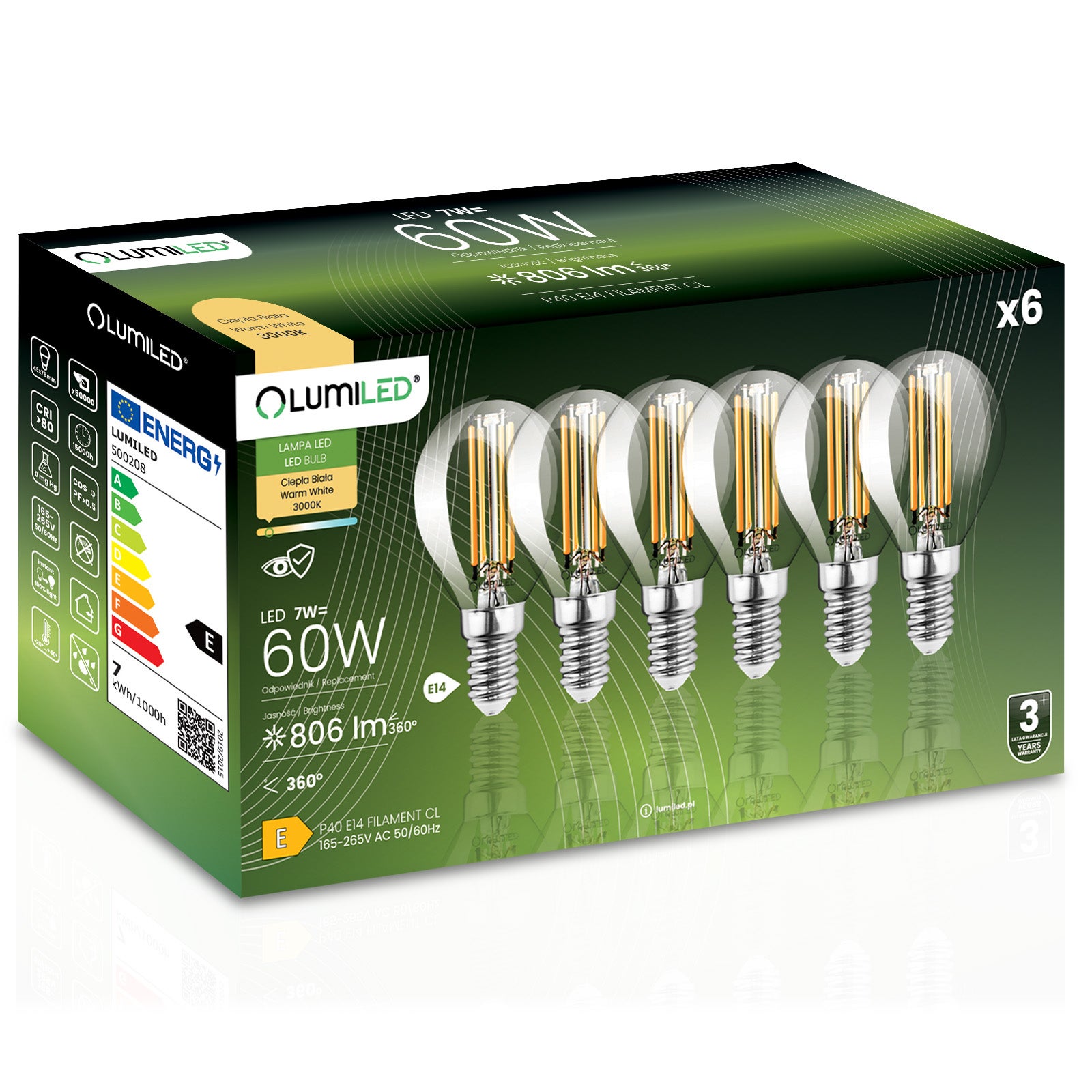 Żarówka LED Lumiled E14 Kulka P45 7W 806lm 3000K Ciepła biel 360st Filament 6 szt.