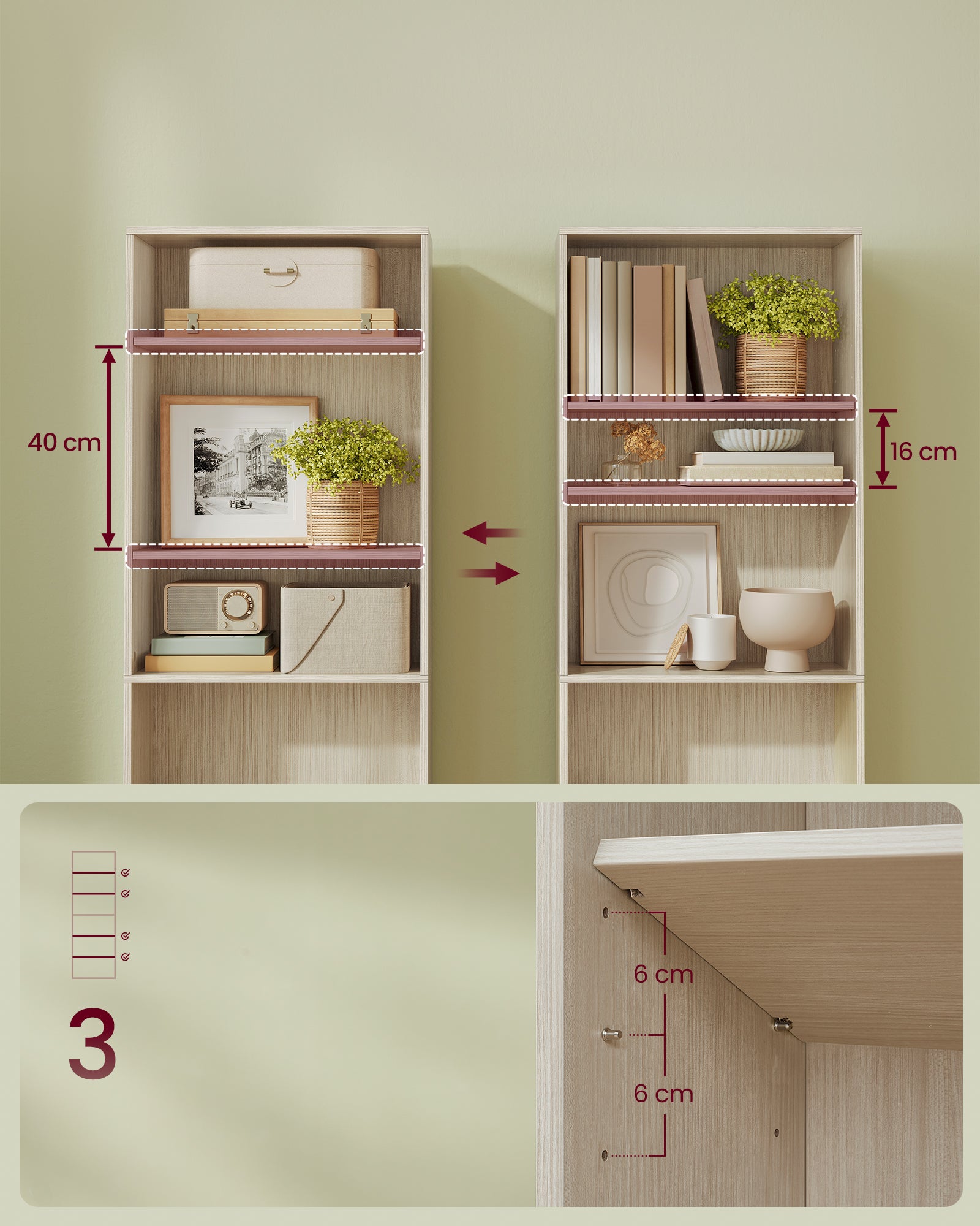 Bibliothèque, Étagère sur 6 Niveaux, Meuble de Rangement Ouvert, Étagère, 24 x 60 x 178,5 cm, pour Salon, Bureau, Salle à Manger, Beige Naturel - 3