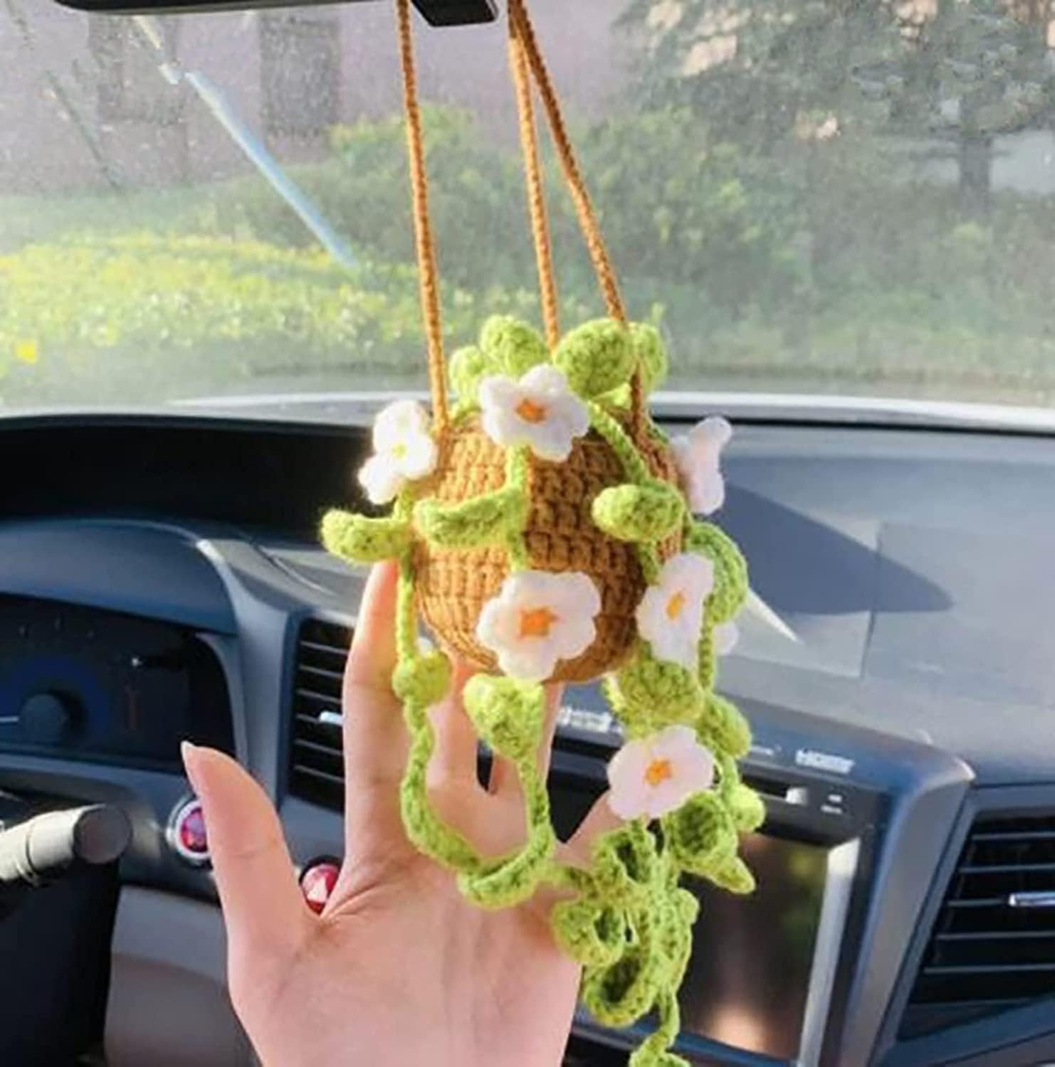 Akcesoria do lusterek samochodowych Wiszące akcesoria samochodowe Boho, urocza dekoracja samochodu z rośliną doniczkową (D)