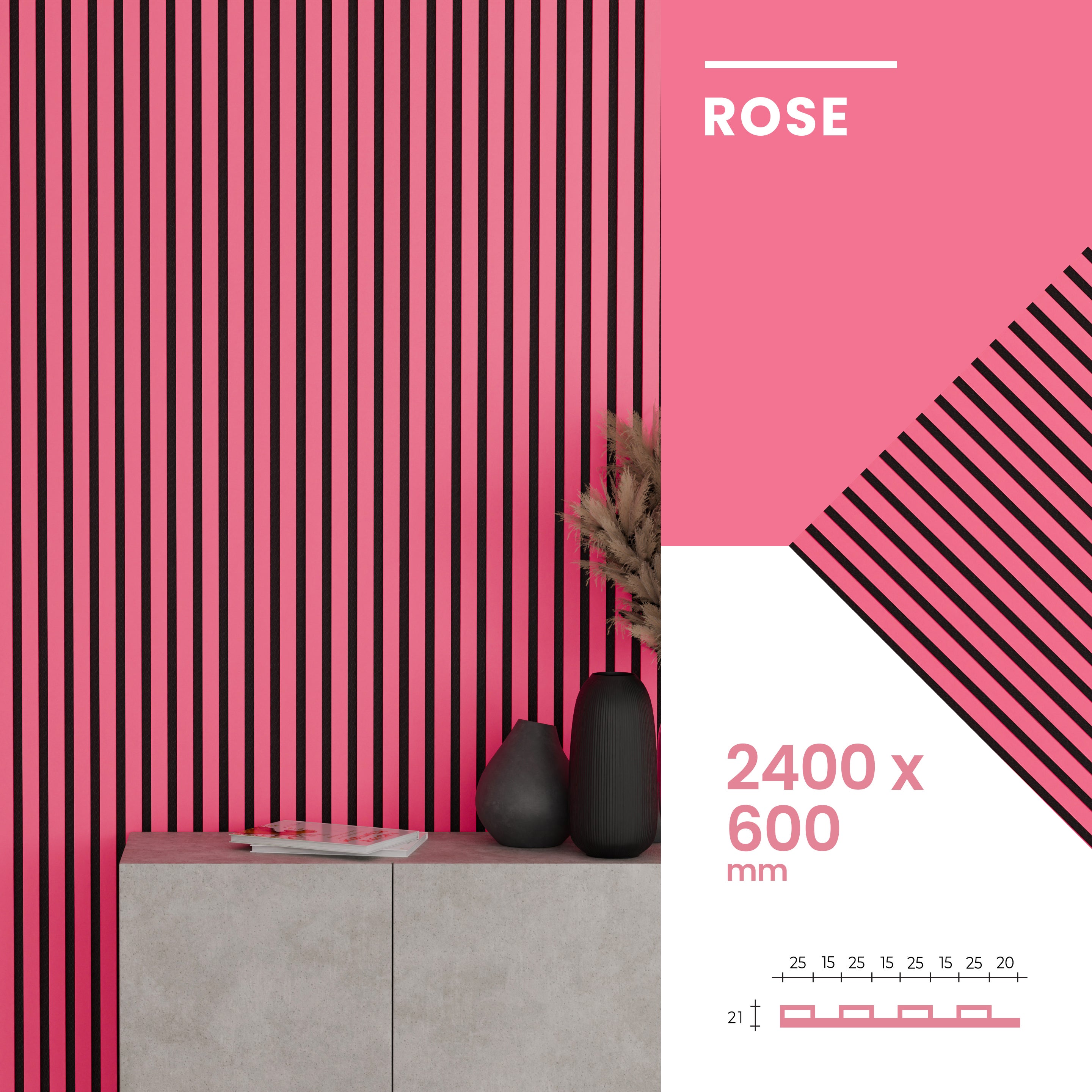 Lot de 2 - 240 x 60 cm - Panneau Tasseaux - Rose - Feutrine Noir - Qualité premium - ep 21mm - 6