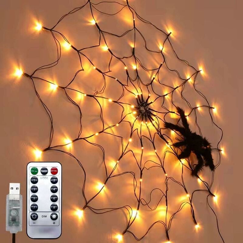 Dekoracja na Halloween – Pajęczyna, 1 metr długości, 70 diod LED, 8 trybów, wodoodporna, zawiera 1 czarnego pająka – odpowiednia na imprezy, do ogrod