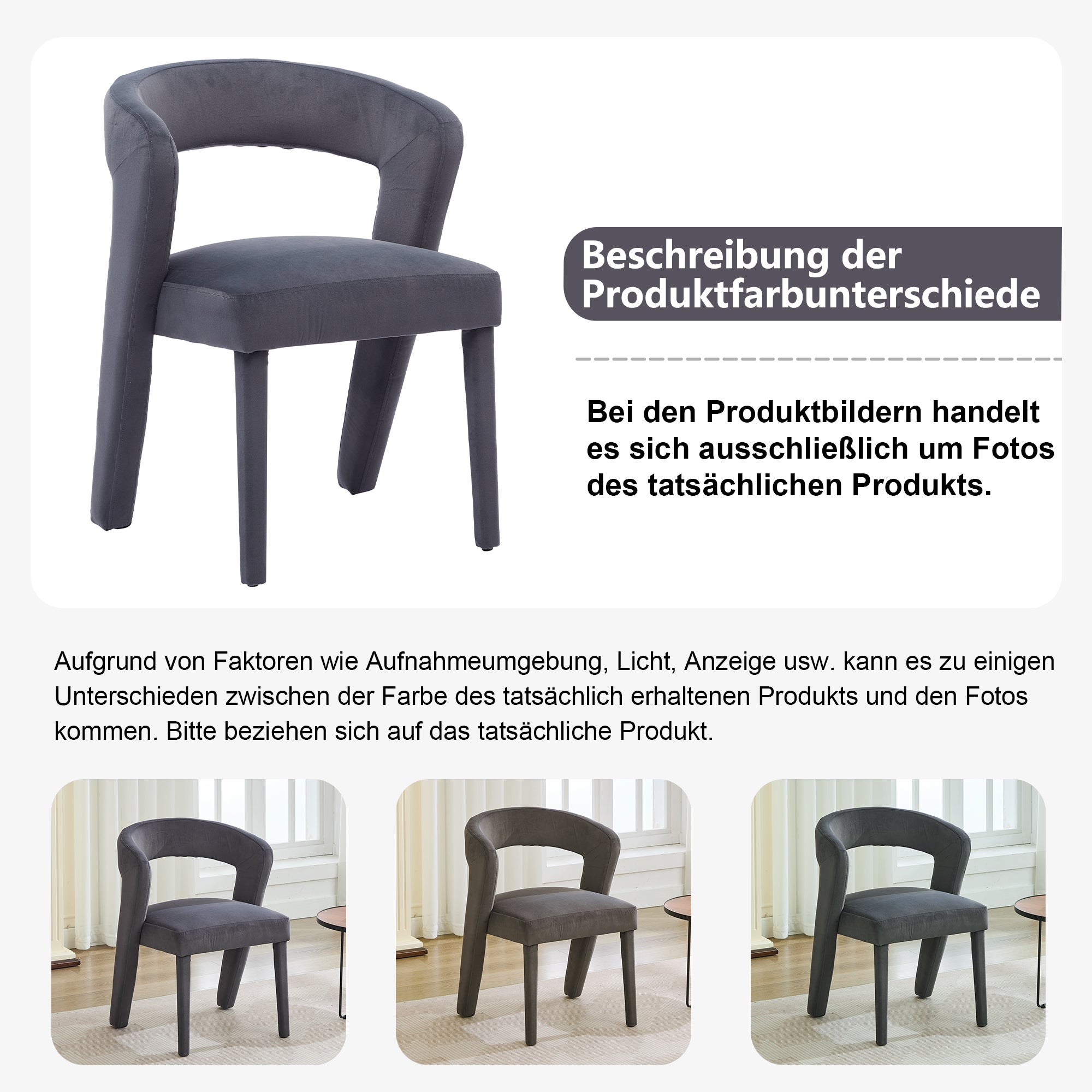 Chaise avec accoudoirs, chaise simple - 59 x 60 x 79 cm - Velours - Gris - 3