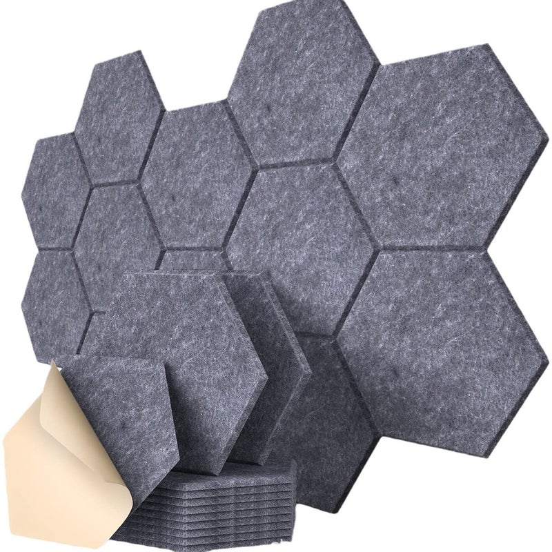 Samoprzylepne panele akustyczne ścienne o przekroju sześciokątnym do biur i salonów gier, 30,5 x 25,4 x 1 cm, kolor ciemnoszary, 12 sztuk