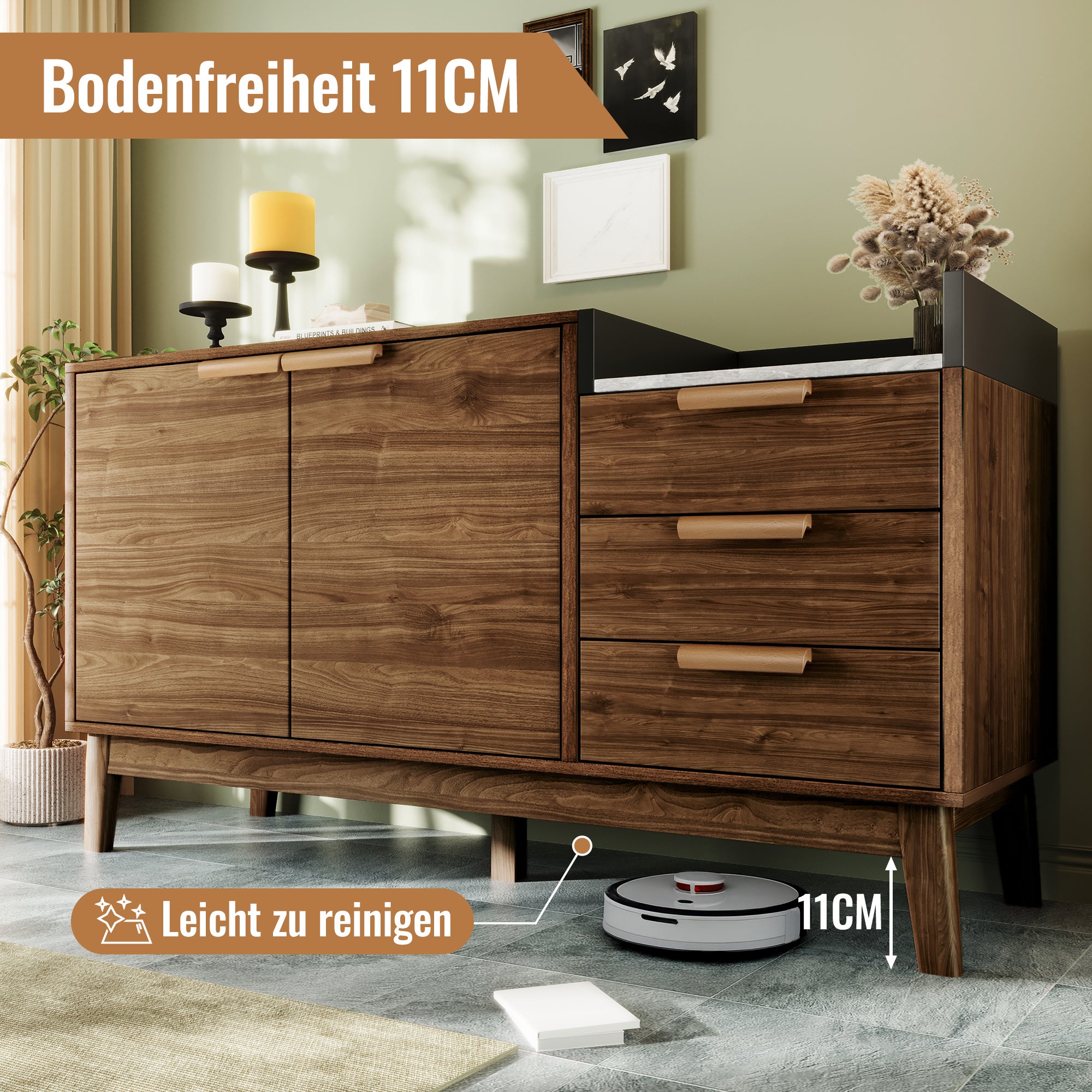 Komoda z 2 drzwiami, 3 szufladami i blatem imitującym marmur - 120 x 40 x 77 cm - MDF + lite drewno - Ciemny dąb - 7