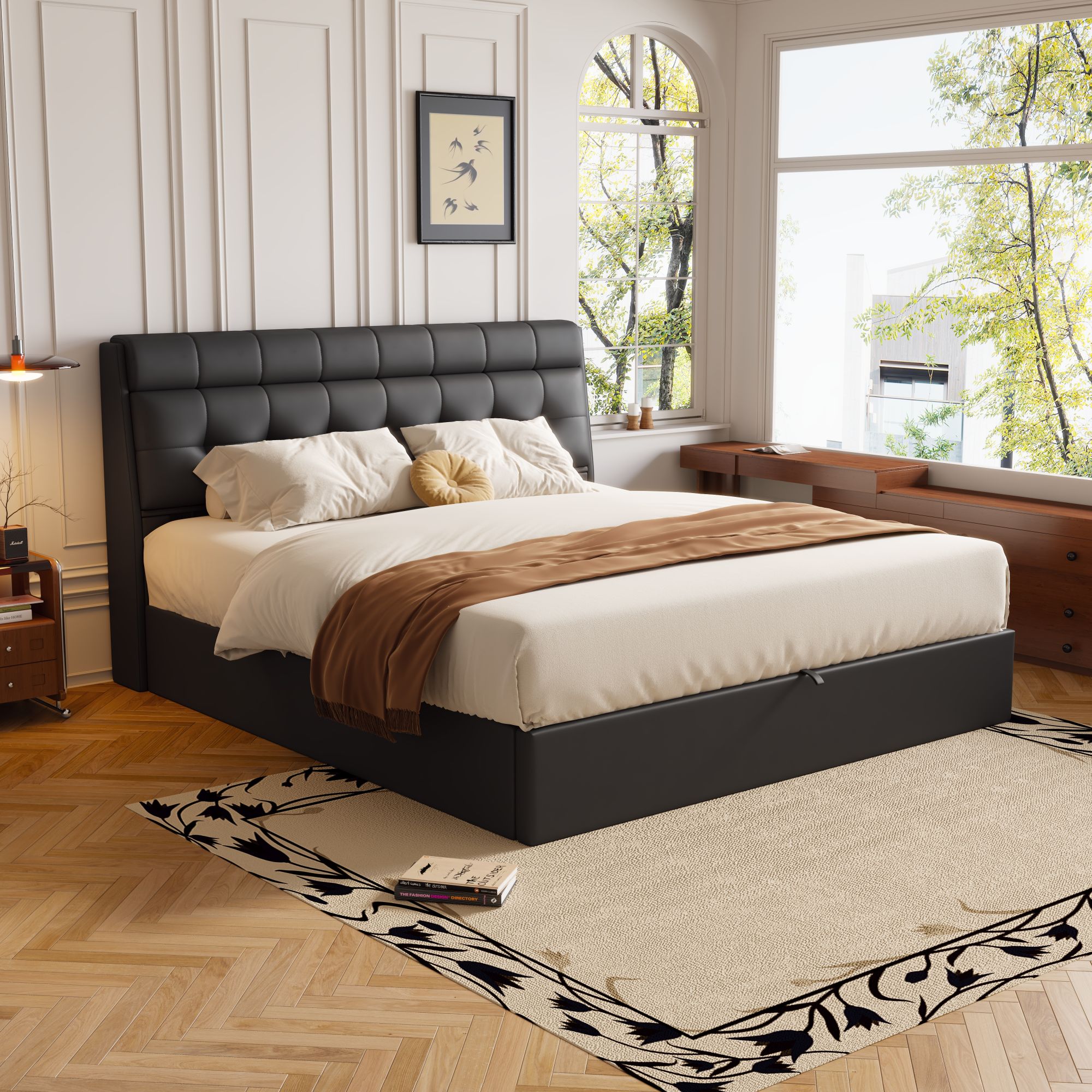 Lit coffre 160 x 200 cm avec tête de lit rangement - LEDs - Cuir PU - Noir (sans matelas) - 6