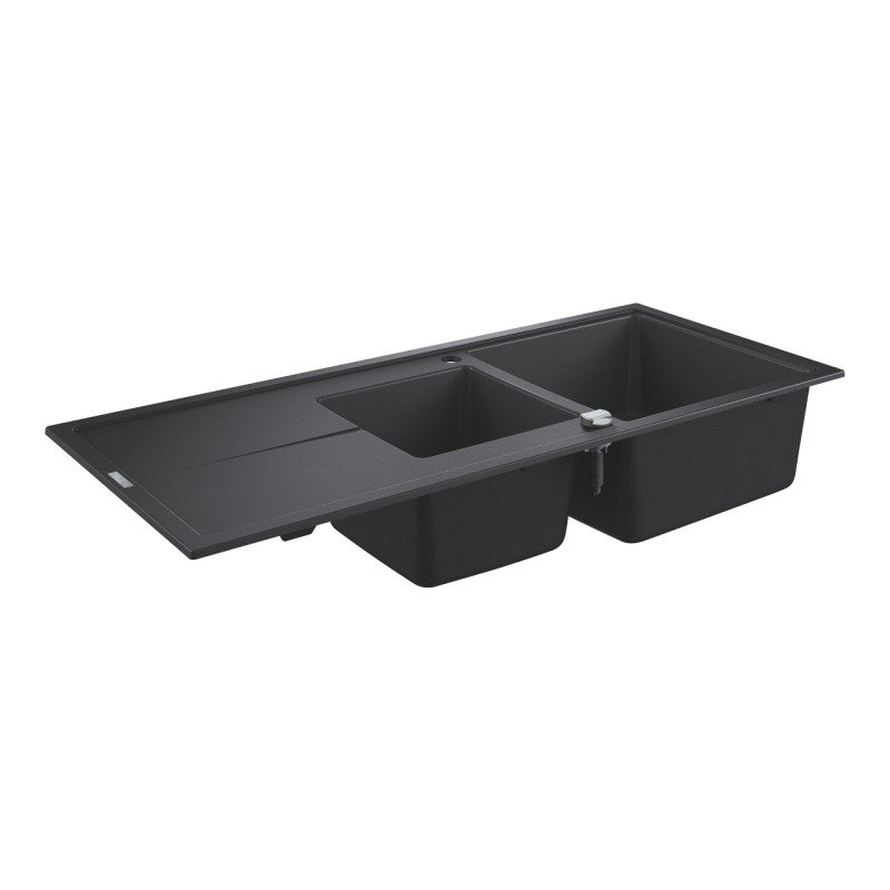 Chiuveta Quartz Grohe 31643AP0, K400, 1160 x 500 mm, 2 boluri, montare pe blat, evacuare, negru