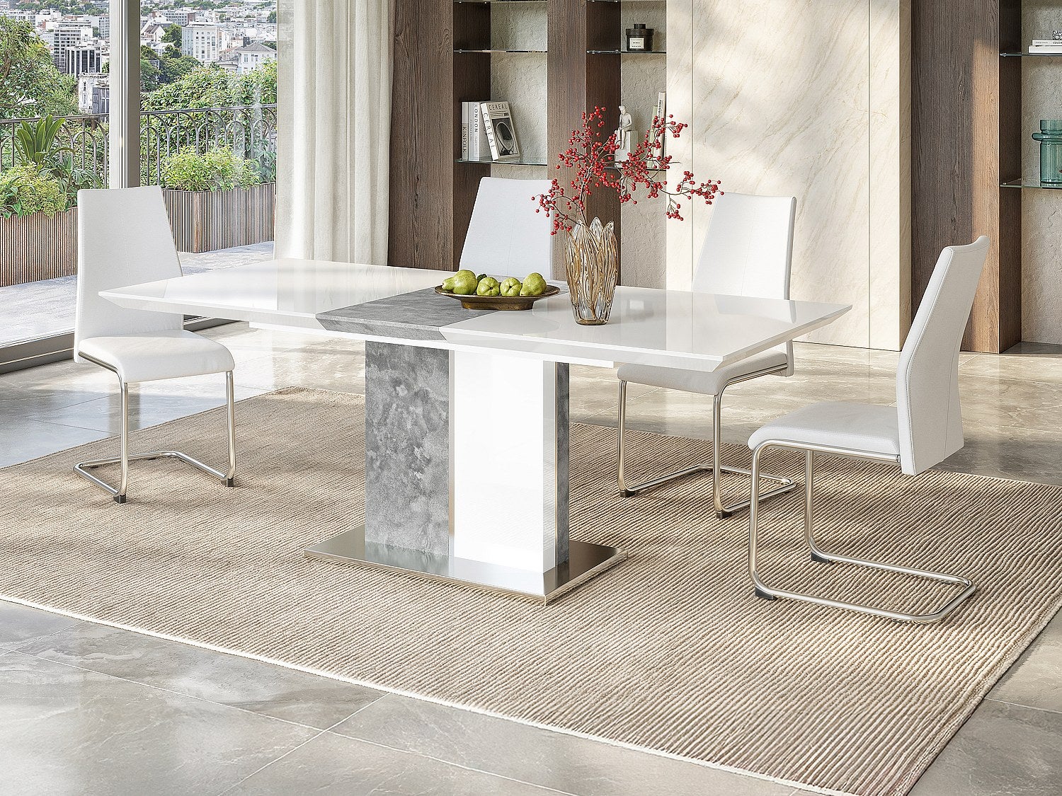 Rozkładany stół do jadalni EREN - 6 do 8 osób - MDF - Kolor: biały i betonowy