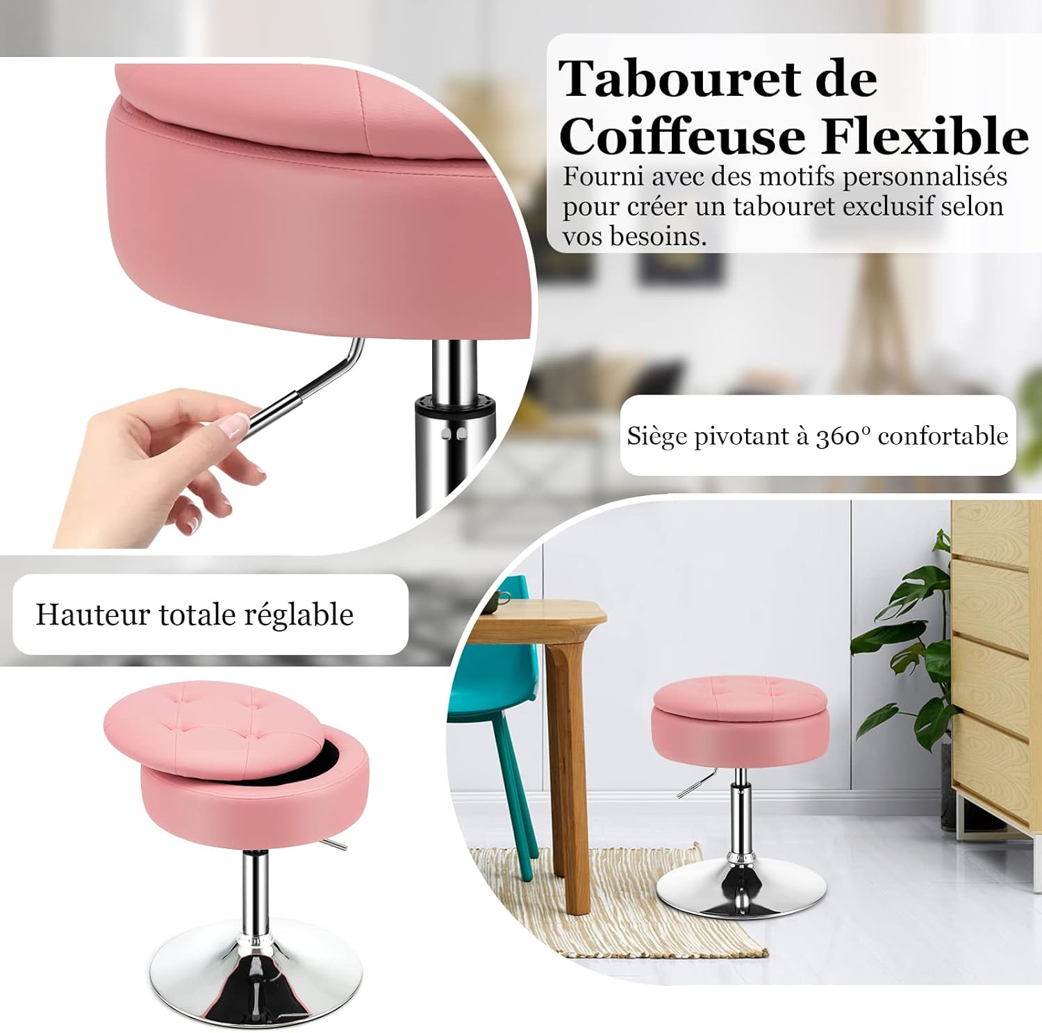 Taboret do Makijażu Obracany o 360°, Toaletki z Miejscem do Przechowywania, Wysokość Siedziska 51-66 cm, Okrągły, Nowoczesny (Różowy) - 5