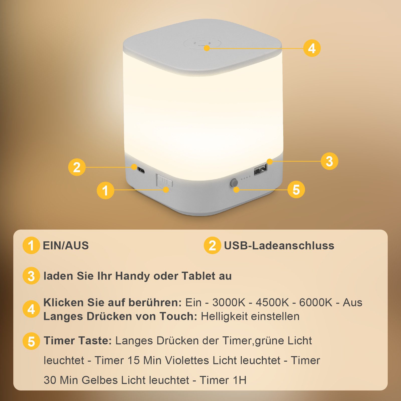 Lâmpadas de mesa LED NETTLIFE, pacote com 2, com bateria recarregável de 1800 mAH 3000-6500 K USB com 3 temperaturas de cor e função - 7