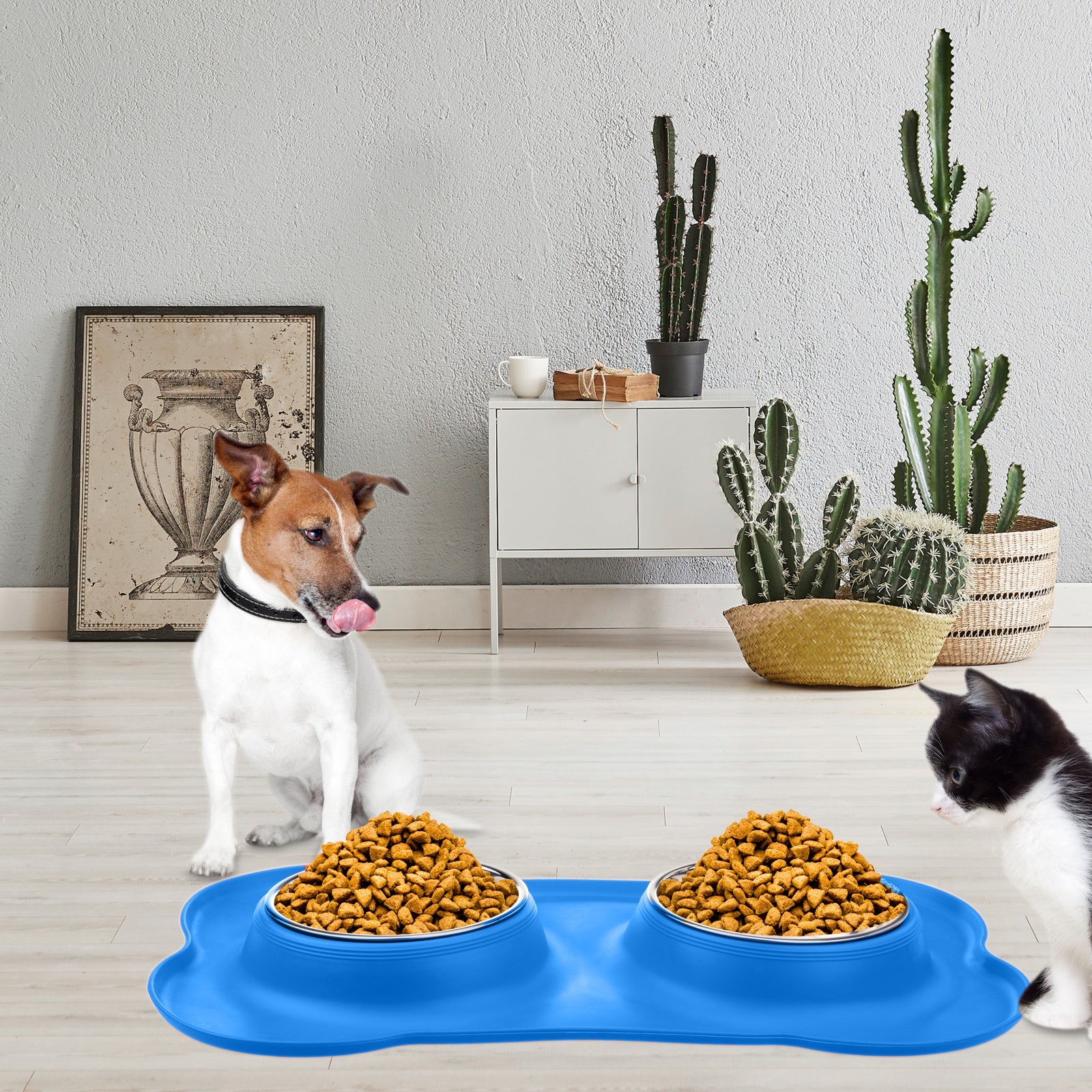 Ciotola Doppia per Cani e Gatti, 2 Ciotole in Acciaio Inox da 500 ml, Base in Silicone Antiscivolo, Colore Blu - 2