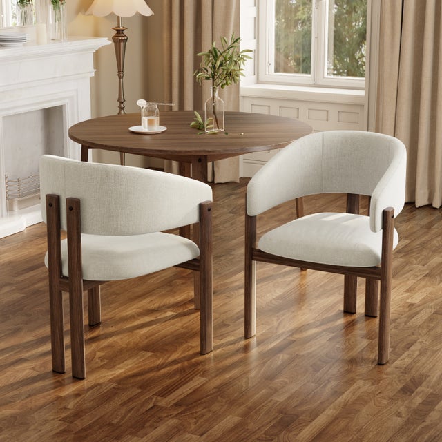 Lot de 2 Chaise de cuisine Salle à Manger Aspect Bois Noyer et Tissu Lin Beige, Chaises scandinaves avec Accoudoirs, Chaise Salon pour Cuisine ou Café