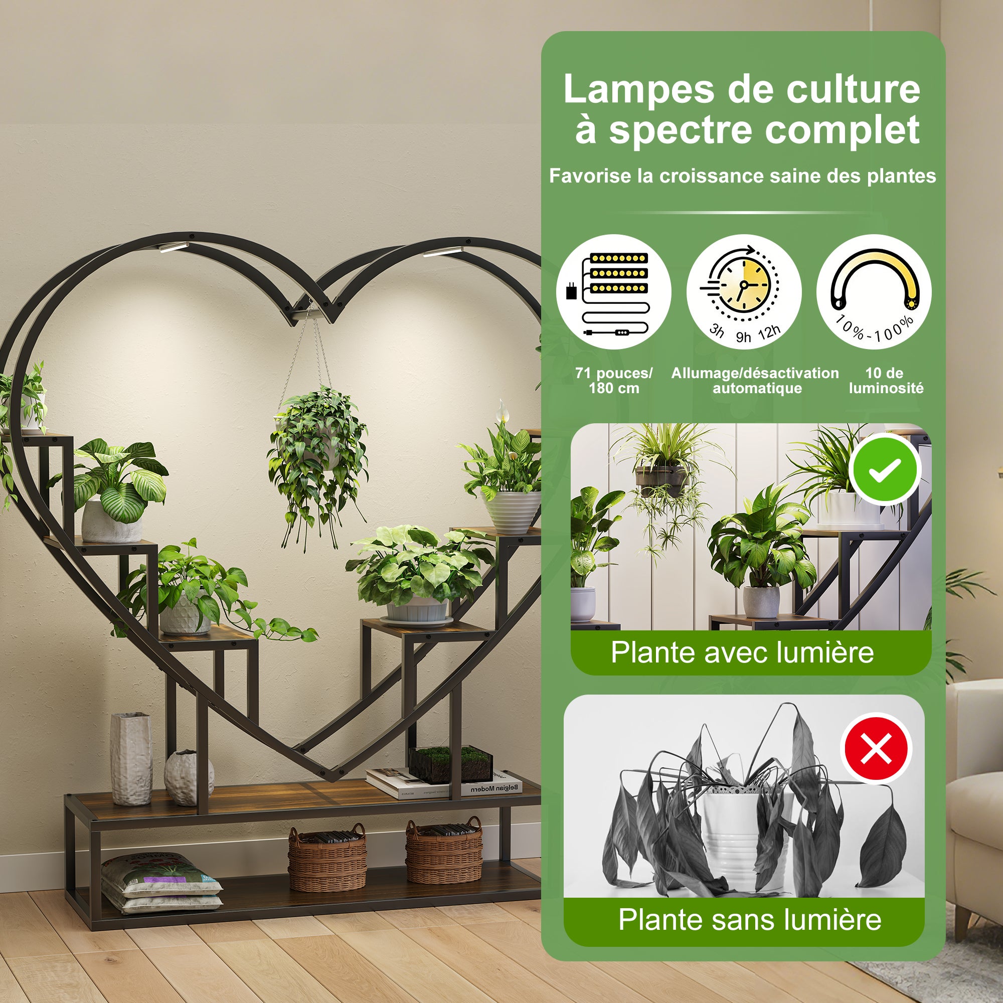 Support pour plantes d'intérieur avec lampes de croissance, étagère à plantes en Forme de Cœur à 6 niveaux, supports d'angle pour plantes d'intérieur - 5