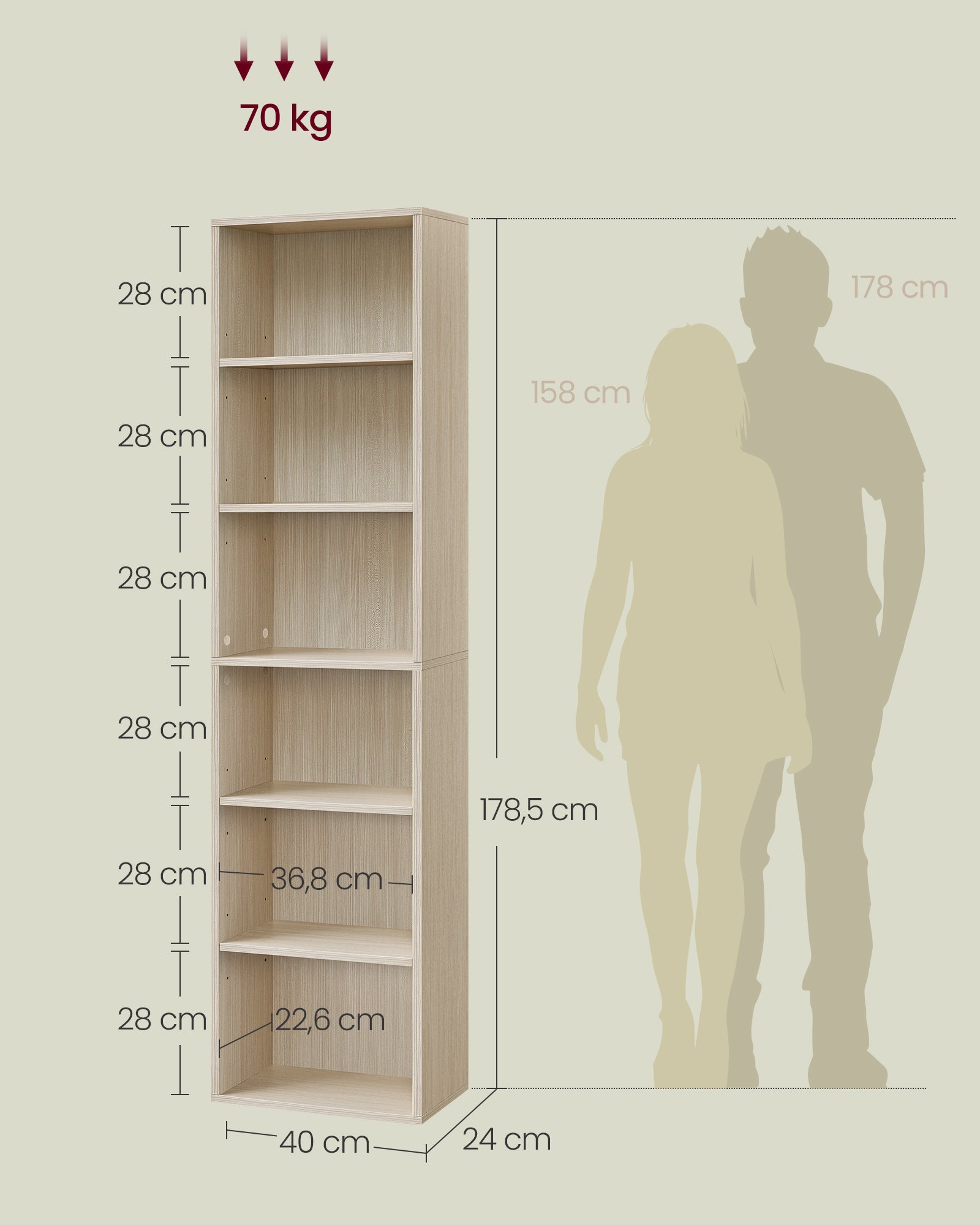 Bibliothèque, Étagère sur 6 Niveaux, Meuble de Rangement Ouvert, Étagère, 24 x 40 x 178,5 cm, pour Salon, Bureau, Salle à Manger, Beige Naturel - 5