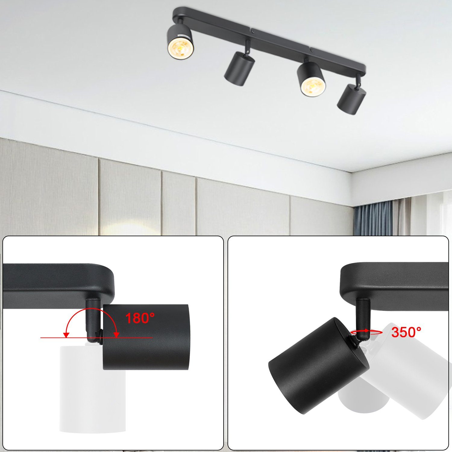 NETTLIFE 4 Focos GU10 Max.25w Luz de Techo LED Negra Foco para Sala de Estar Ajustable 350° para Dormitorio Cocina Mesa de - 5