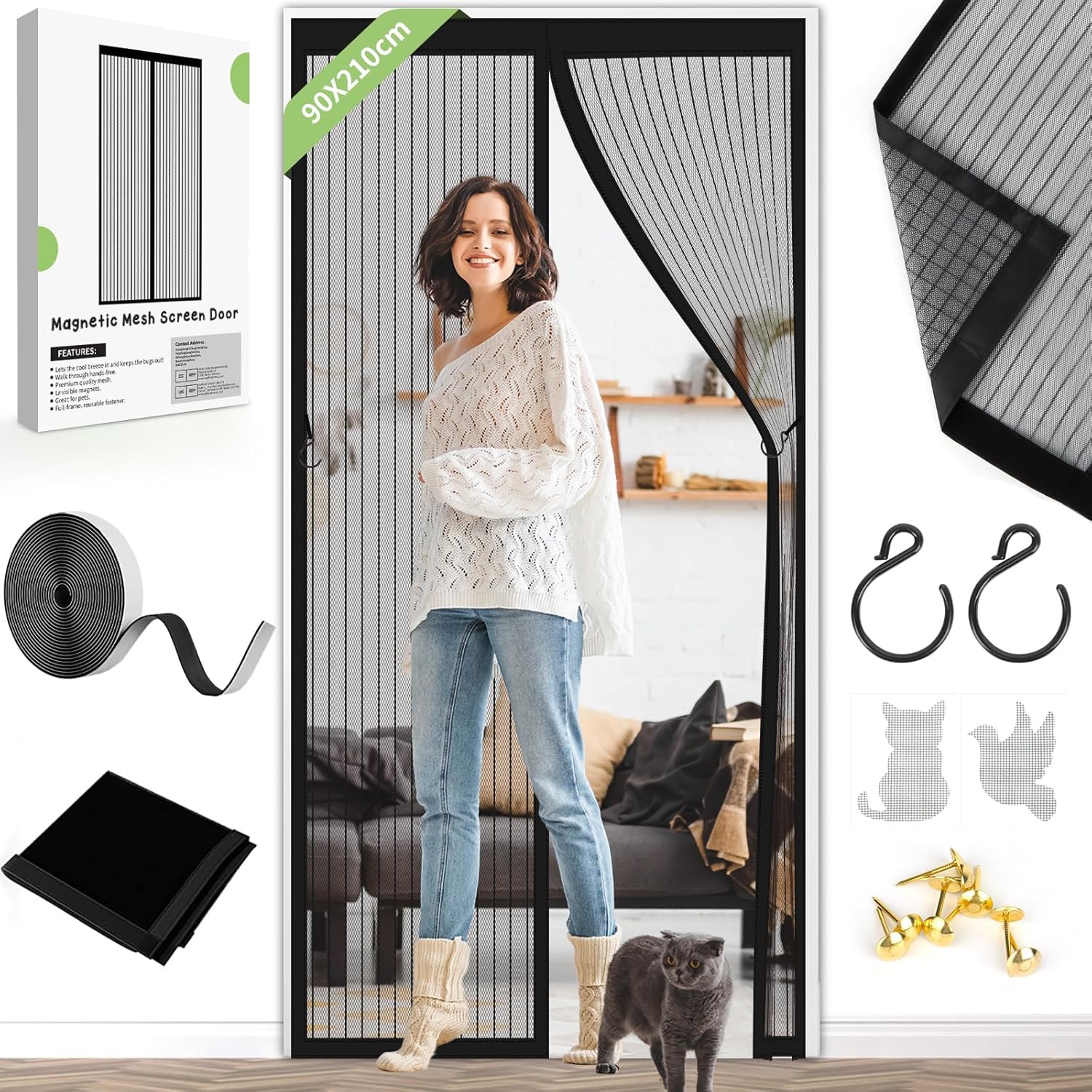 Magnetyczna kurtyna przeciw komarom i muchom, z mocnymi magnesami i rzepem na całej szerokości, bez wiercenia (czarna, 90X210cm)