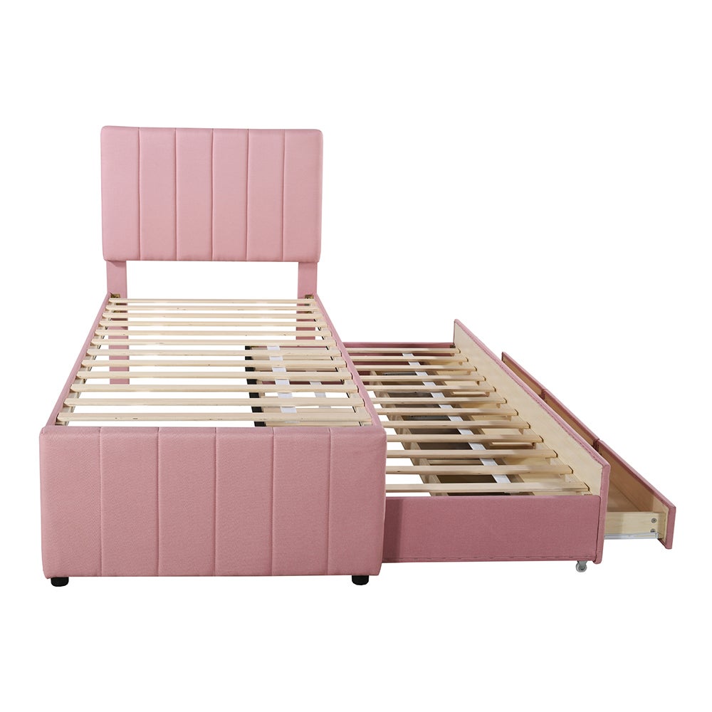 Lit simple 90 x 200 cm avec Lit gigogne 90 x 190 cm - 3 tiroirs - Tête de lit réglable - Tissu en lin - Rose - 7