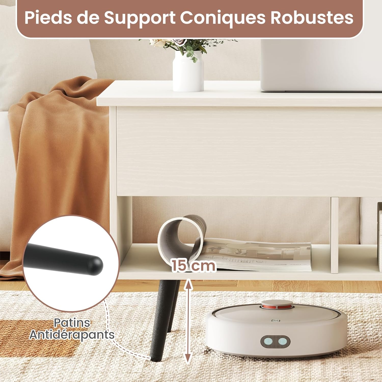 Tavolino Salotto Sollevabile in Legno, Tavolino da Caffè con Scomparto Nascosto e 2 Scaffali Aperti, Tavolino Basso e Modern per Soggiorno, Sa - 6