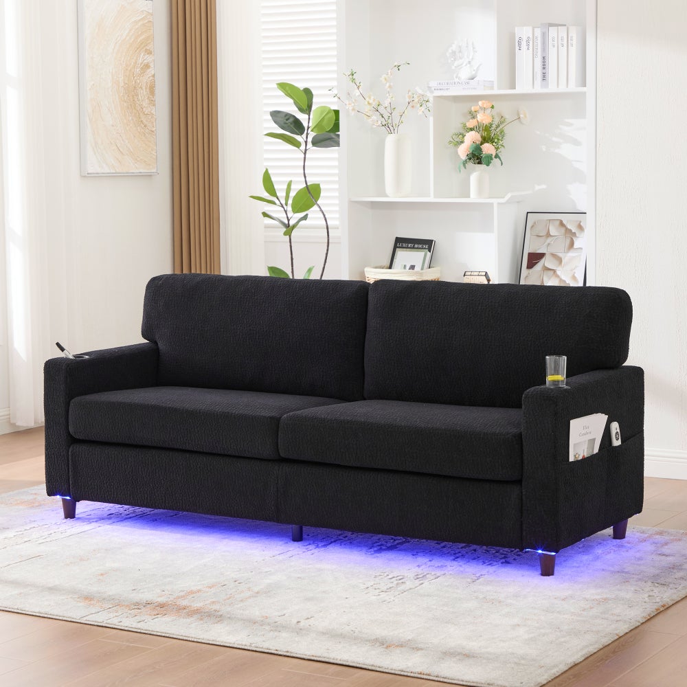 Nowoczesna sofa 2-osobowa, szenilowa, z USB-C, LED, uchwytami na kubki, czarna