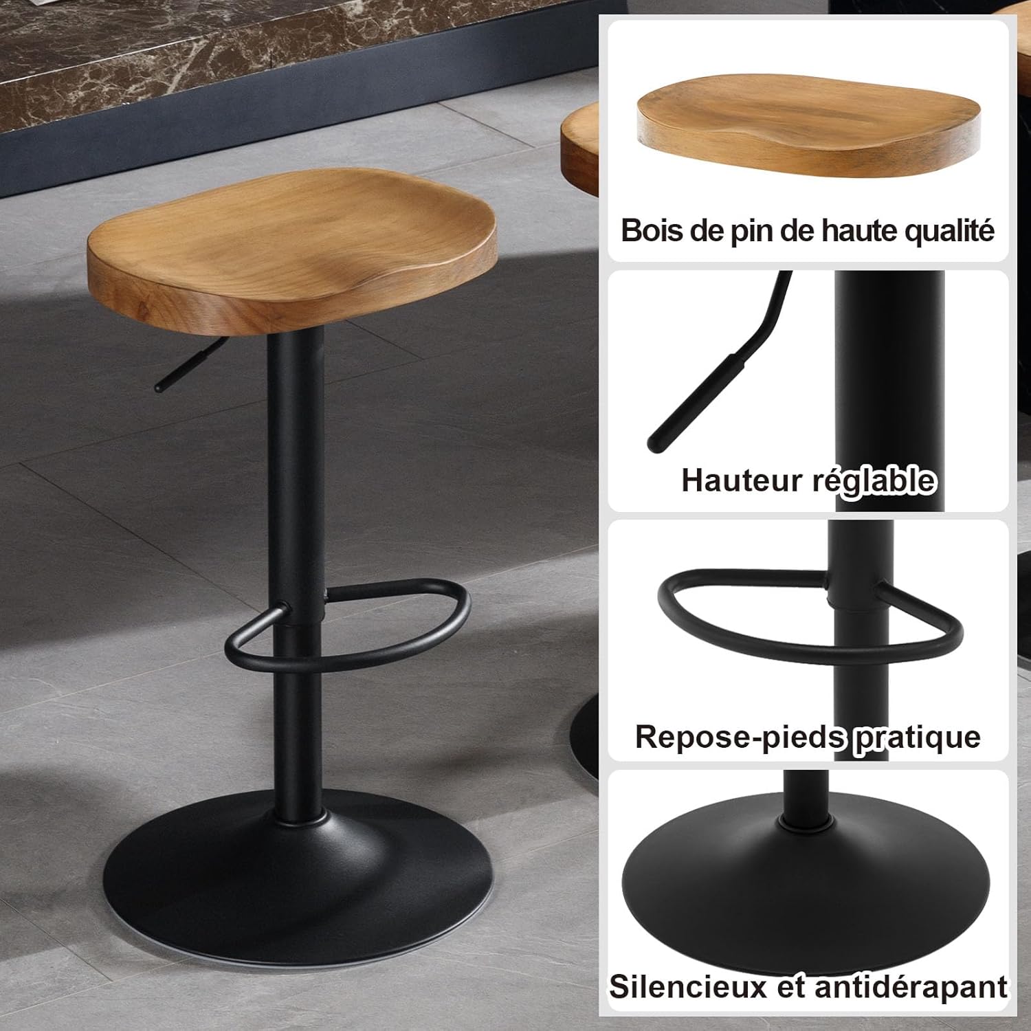 Lot de 2 Tabouret de Bar WOLTU, Chaise de Bar, Tabouret Haut en Bois, Cadre en Métal, Réglable en Hauteur, Pivotant à 360°, Chêne foncé - 6