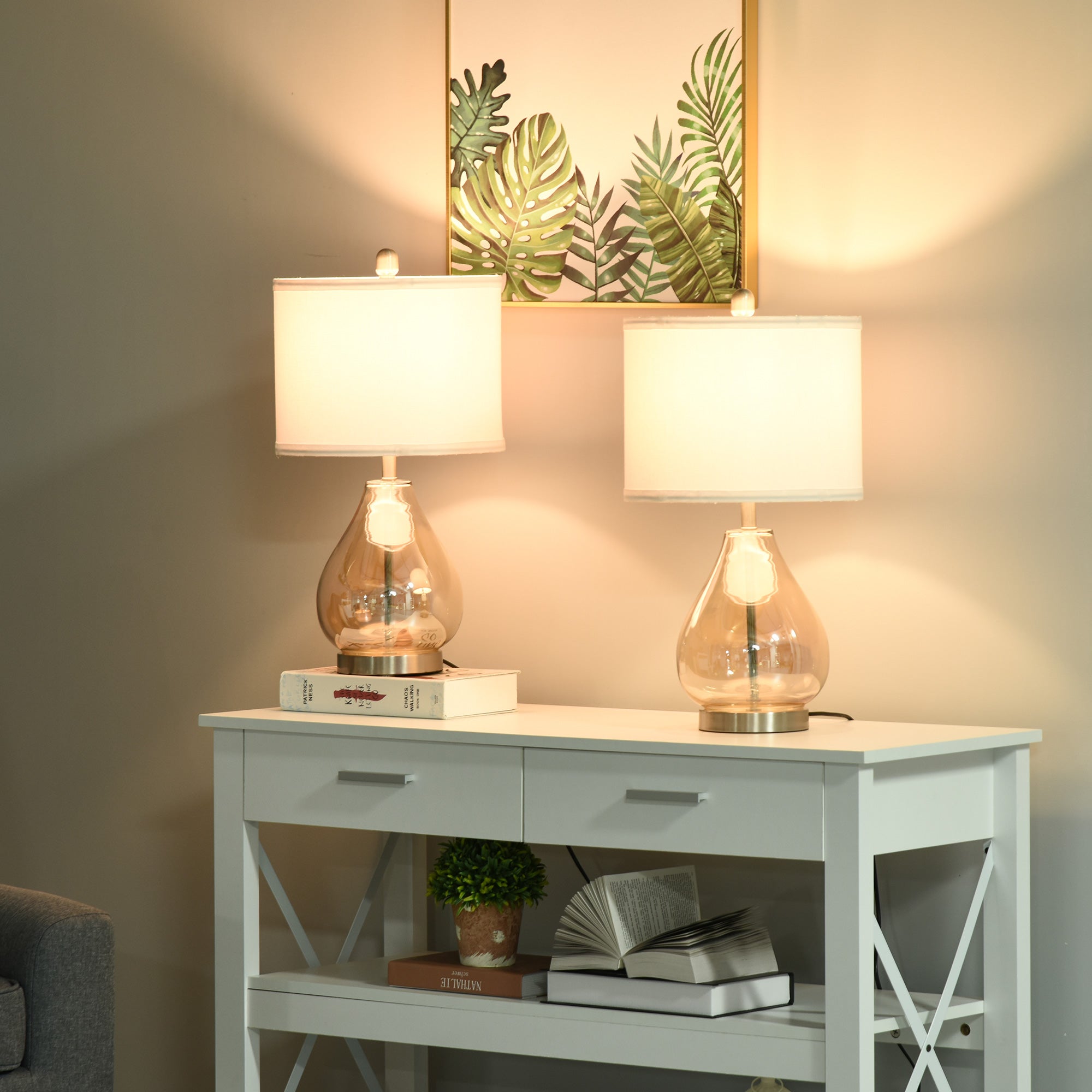 Conjunto de Candeeiros de Mesa HOMCOM Branco, Prata e Âmbar Metal, Vidro e Linho 30x30x56cm - 2