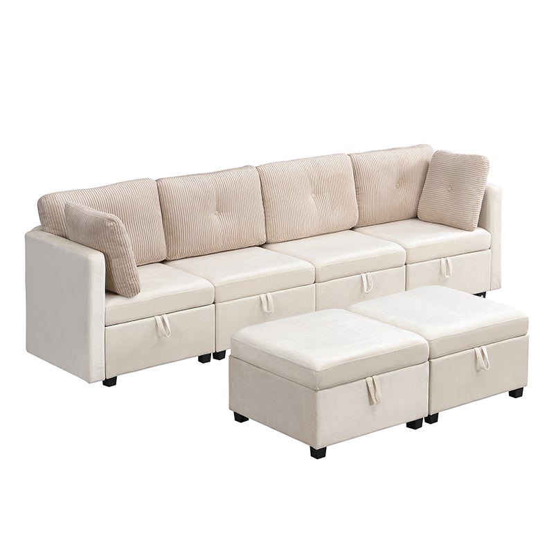 Canapé 6 places en forme de U - avec rangement - convertible multifonctionnel - velours + velours côtelé - beige - 8