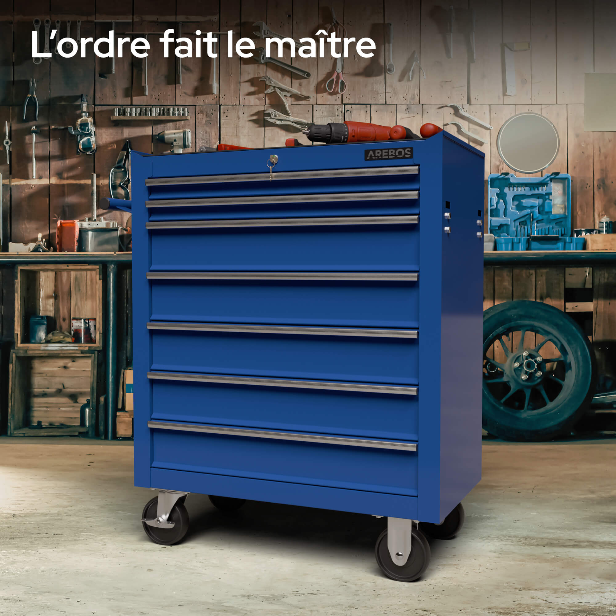 AREBOS Chariot d’atelier robuste avec 7 tiroirs, roues pivotantes et système de verrouillage central sécurisé - 5