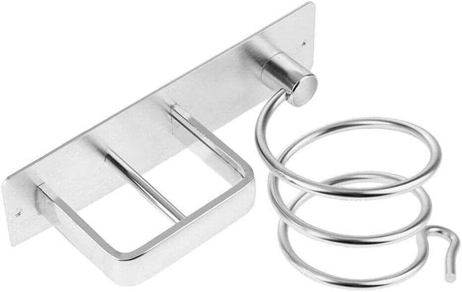 Srebrny uchwyt ścienny do suszarki i prostownicy do włosów, wykonany z aluminium, do łazienki.