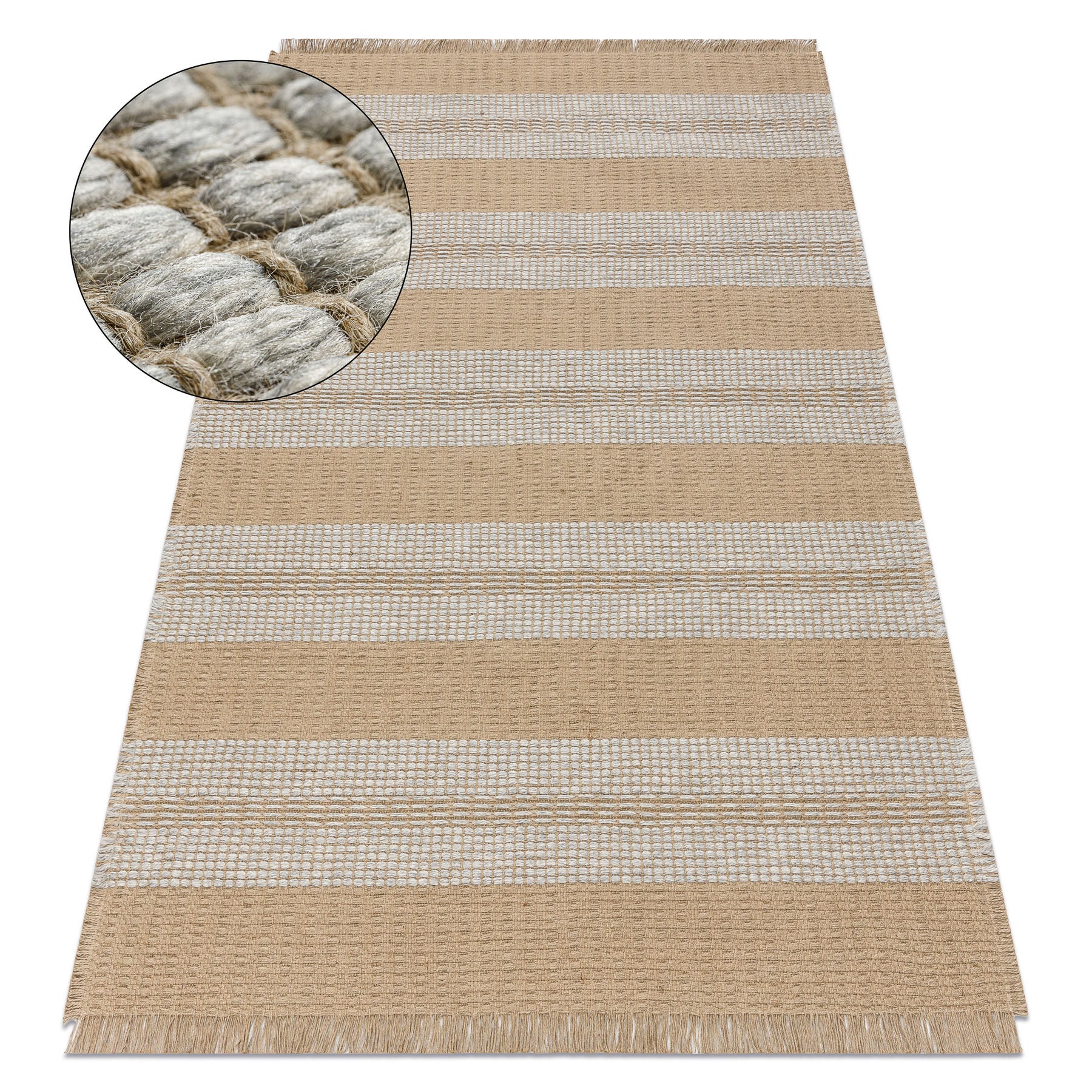 Dywan JUTE 3734 beż / szary pasy - jutowy, płaskotkany, frędzle 140x190 cm