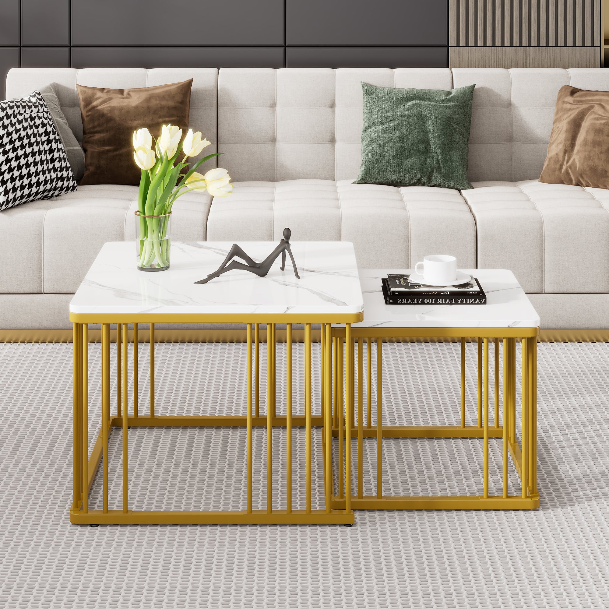 Zestaw 2 kwadratowych stolików kawowych - 60 x 60 x 45 cm + 45 x 45 x 40 cm - Płyta MDF - Efekt marmuru - Biały - 3