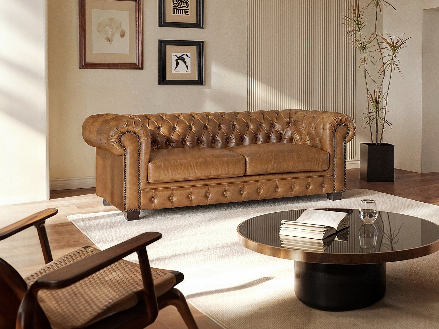 Canapé chesterfield 3 places BRENTON 100% cuir de buffle premium - Caramel vintage - 6