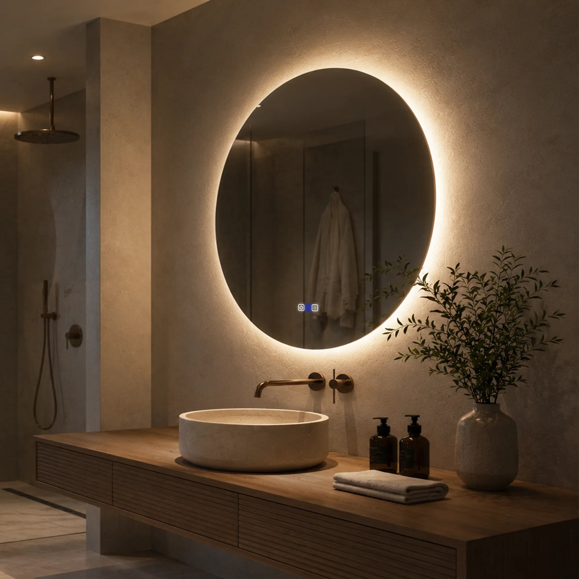 Oglinda LED Rotunda 100 cm Diametru , LED Reglabil 3000K-6000K, Touch, ON/OFF, Dimare, Reglare LED, Functie Dezaburire - Reyze Ambient