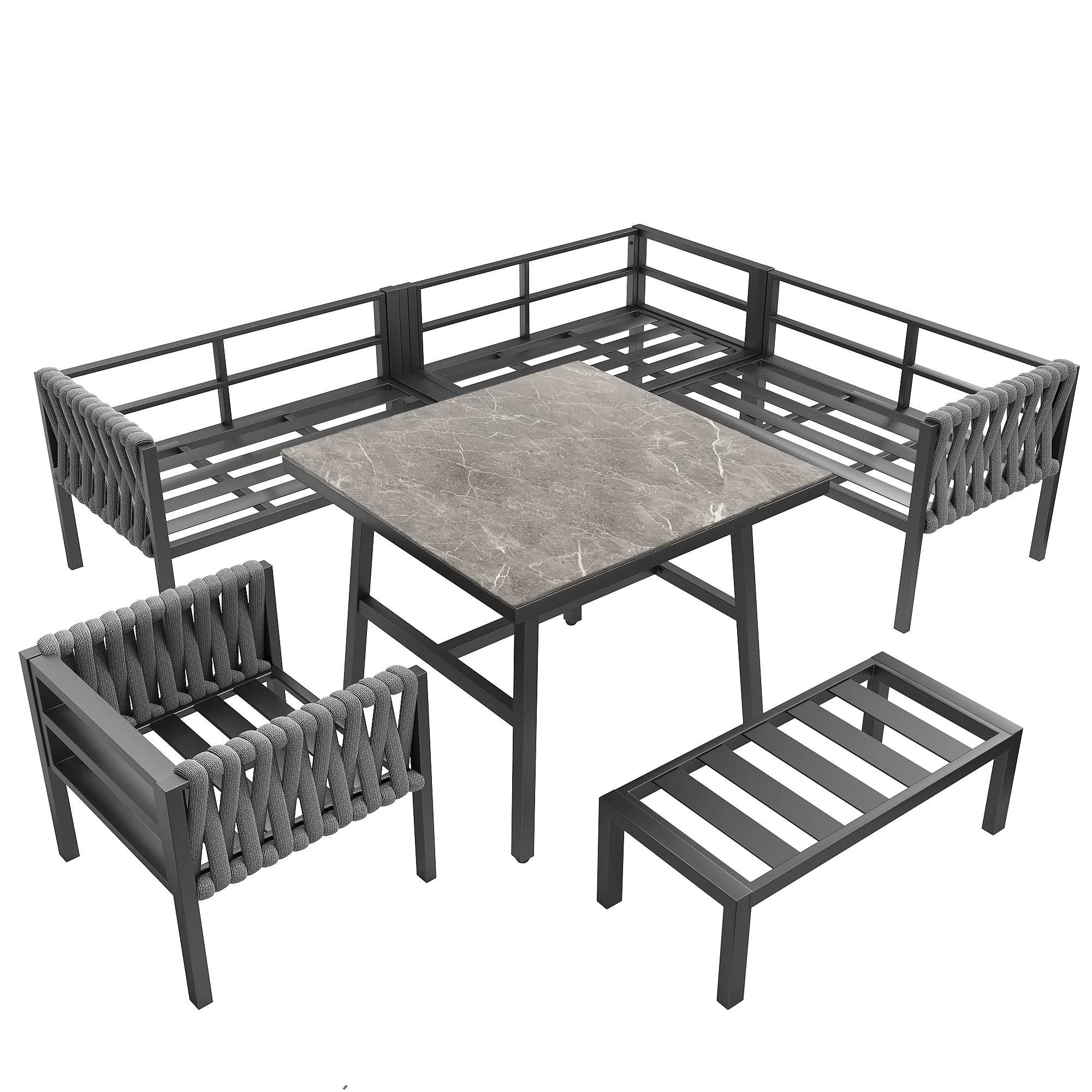 Conjunto de muebles de jardín moderno con estructura de hierro galvanizado, patas ajustables, sofá esquinero, mesa con vidrio templado - 8