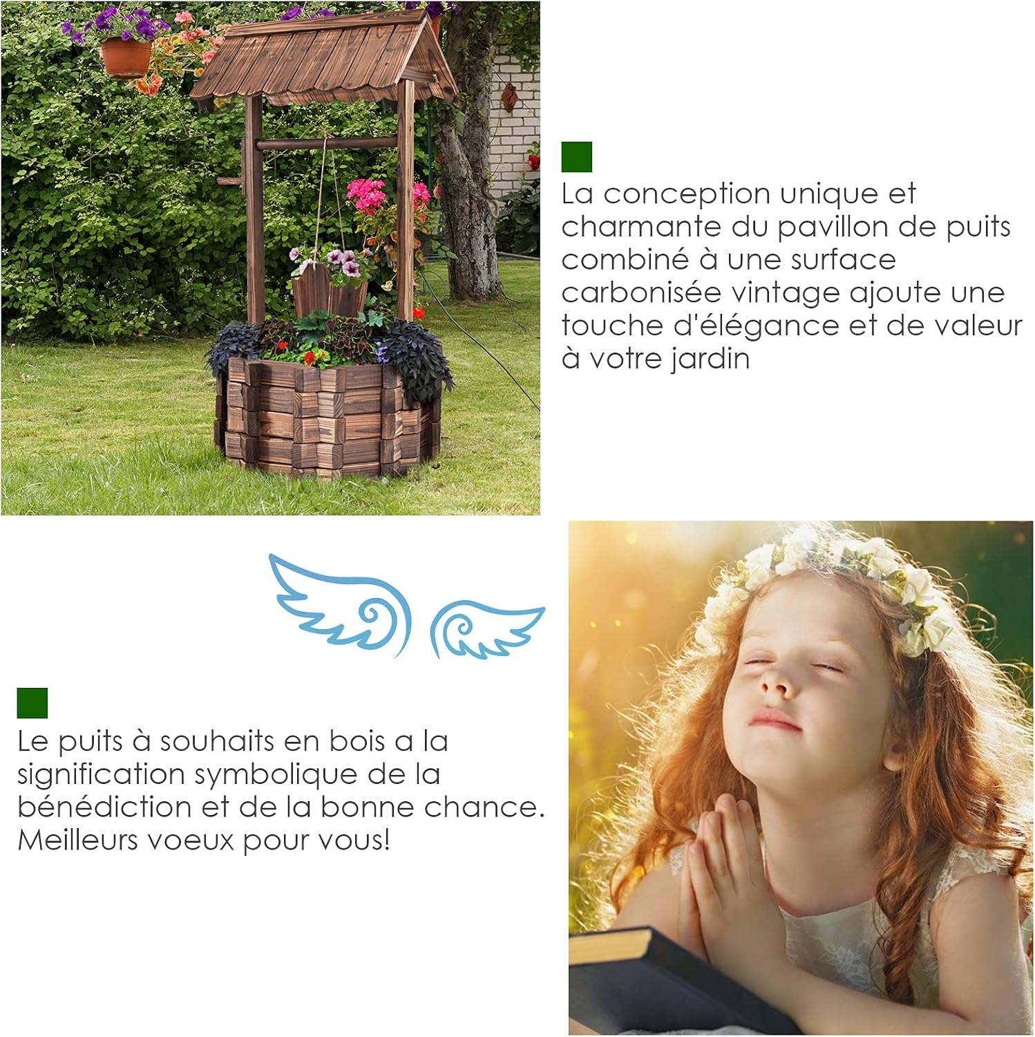 Pozzo Decorativo da Giardino, Fioriera in Legno d'Abete con Pozzo, Secchio e Tetto, Resistente alle Intemperie, Effetto Invecchiamento,57 x 57 x 114cm - 8