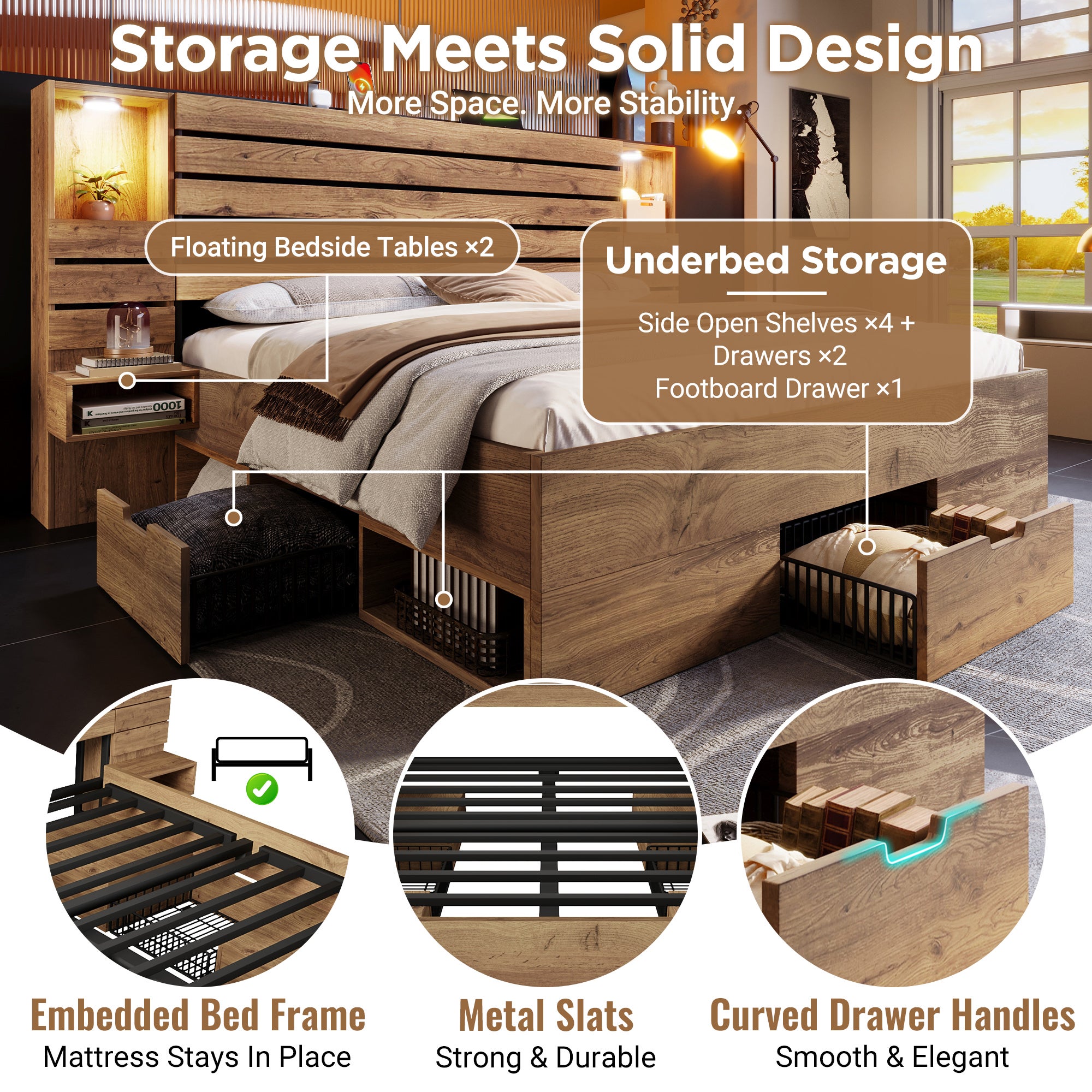 Lit en Bois Massif 160x200 cm, Lit Double avec Éclairage LED, avec USB Type-C, lit de Rangement avec 3 tiroirs et Tables de Chevet (sans Matelas) - 3