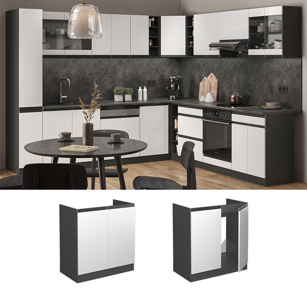 Vicco Meuble bas sous-évier R-Line, Blanc, 80cm J-Shape PT Marbre - 2