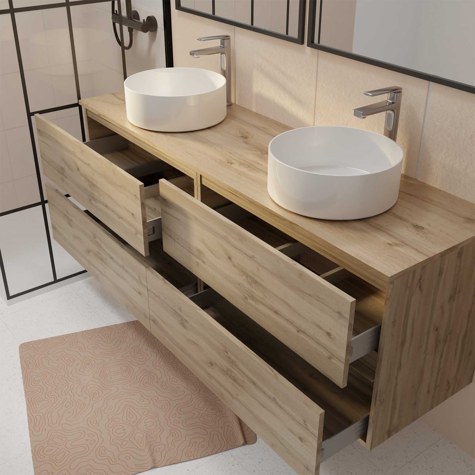 Meuble Salle de Bains 160 TIMBER Décor Chêne 4 Tiroirs Plan Vasques à Poser Blanches 2 Miroirs 75x55 - 2