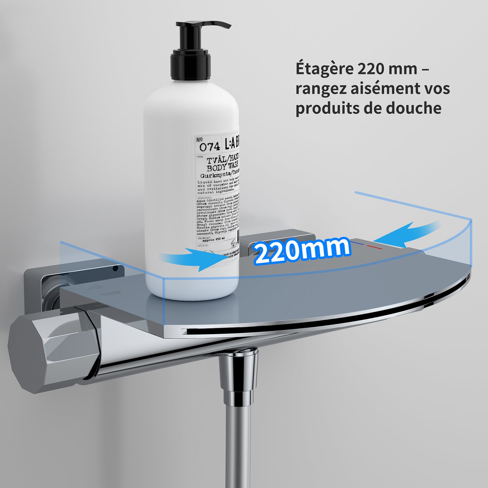 Mitigeur de Baignoire Cascade Extra-Large en Laiton avec Douchette 3+1 Modes et Étagère, Robinet Mural Chromé Grand Débit - 5