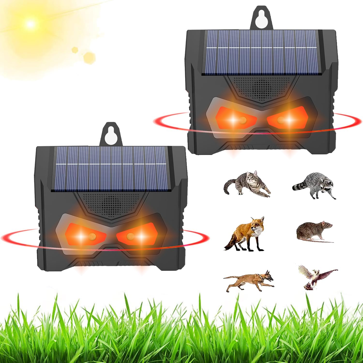 Zestaw 2 ultradźwiękowych odstraszaczy na myszy, solarna lampa LED z czerwonym światłem do zawieszenia w ogrodzie, garażu i na tarasie