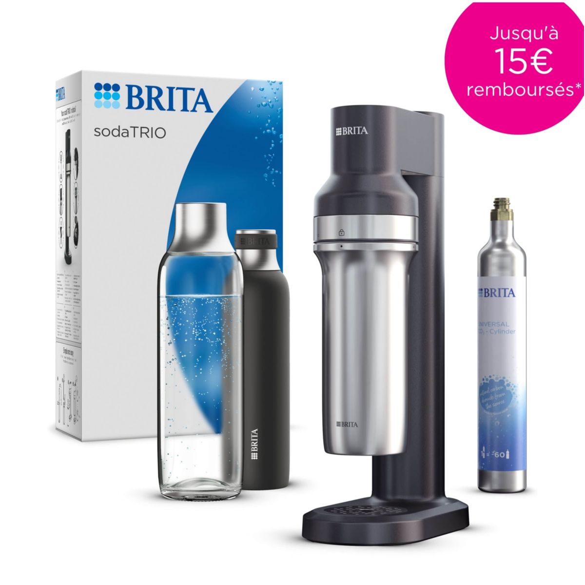 Maszyna do sody Brita sodaTRIO czarna z wbudowanym cylindrem CO2 i regulacją poziomu gazowania