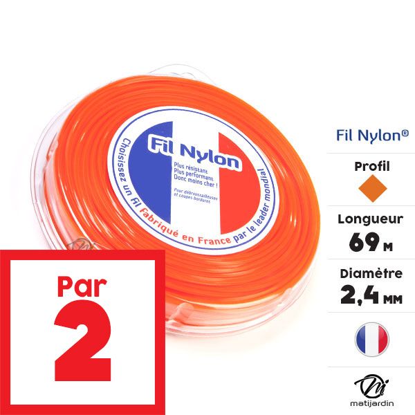 Fil nylon 2,4 mm x 69 m Carré Orange Blister par 2 - 2