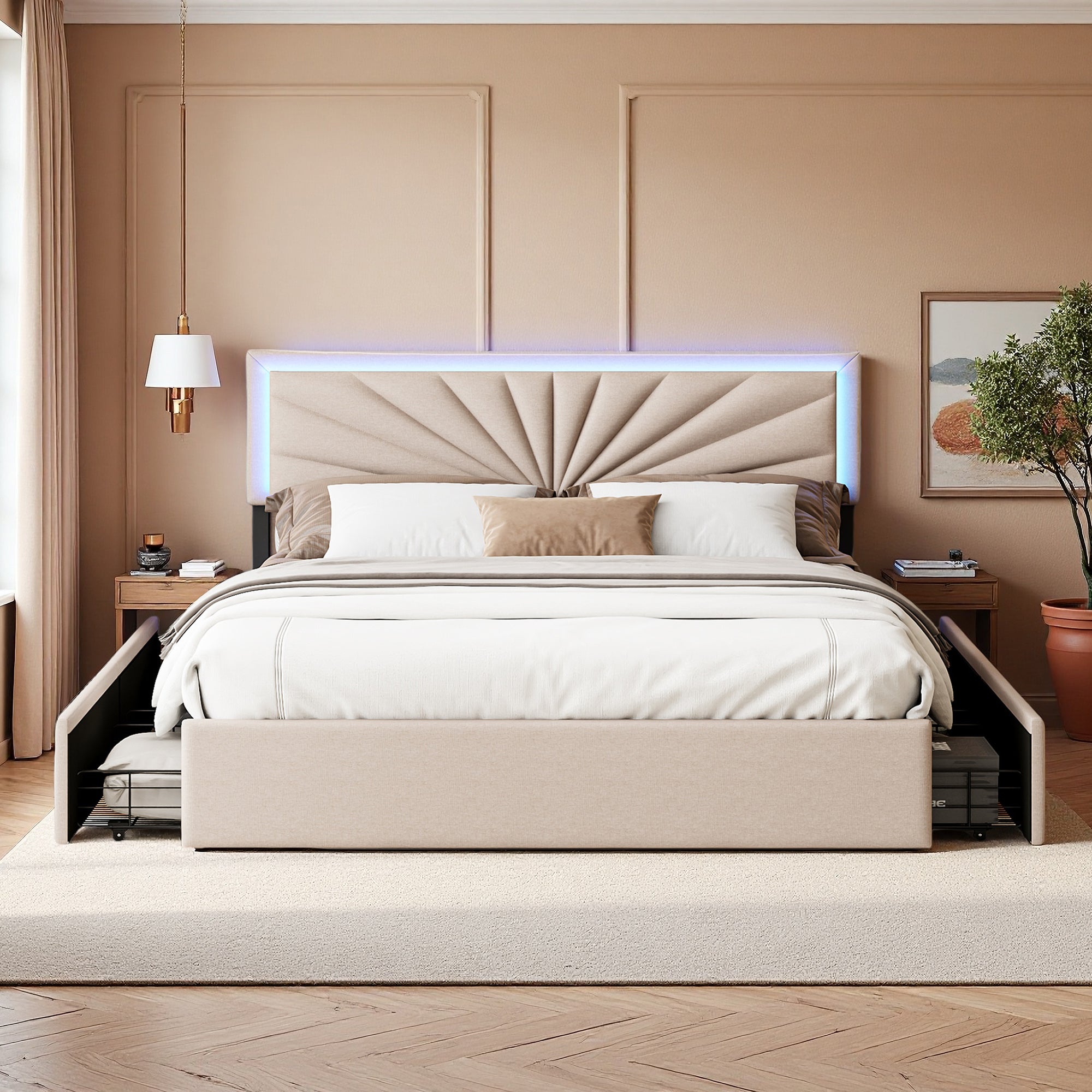 Lit double 160x200 cm - COZY- tissu en lin - 4 tiroirs - LED - lit 160x200 cm - Beige - 2