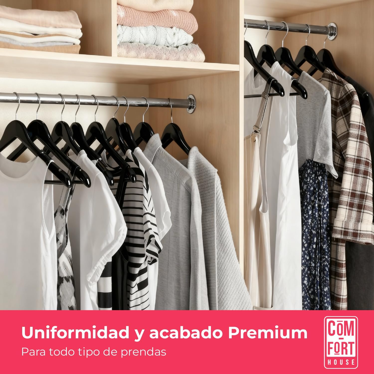 Pack de 40 Perchas de Madera Maciza color negro con Gancho Giratorio 360° y Muescas Antideslizantes - con Barra para Pantalones - Alta Resistencia - 4