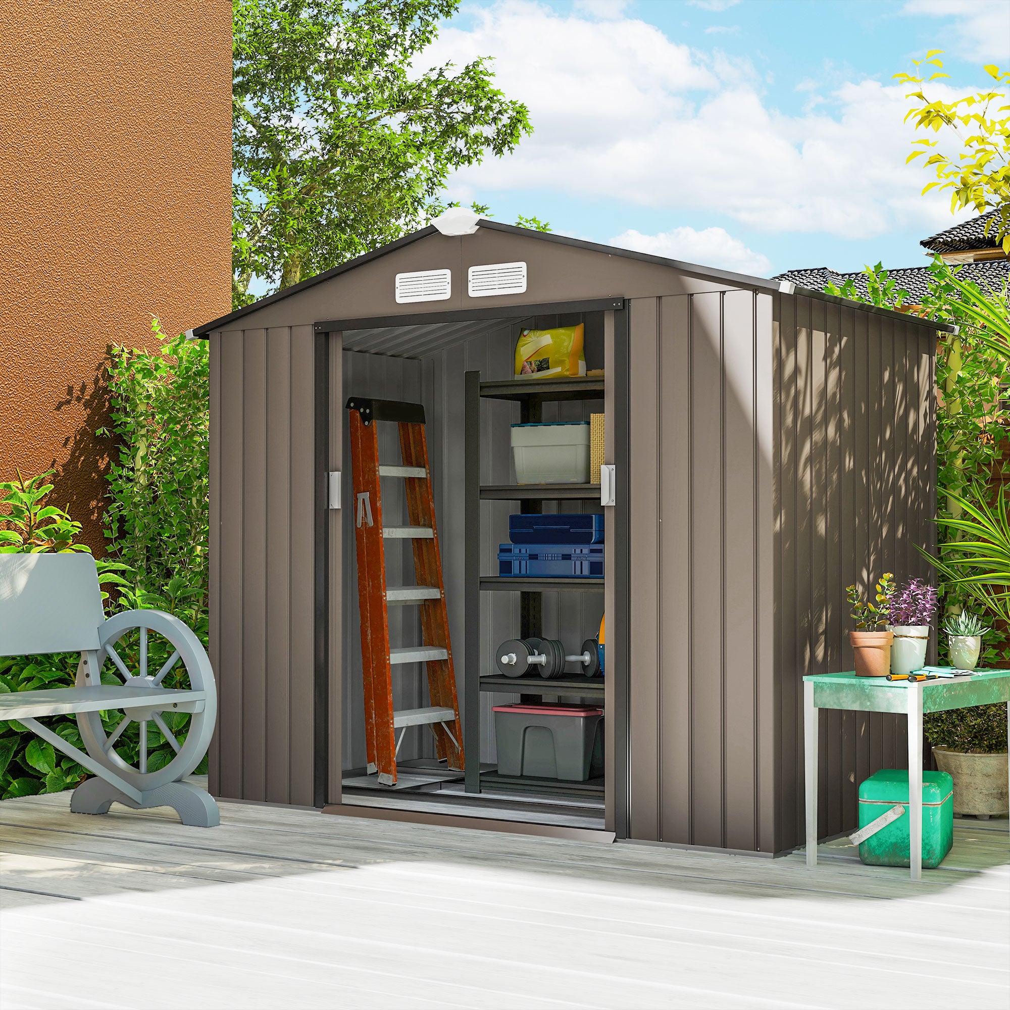 Cobertizo de Jardín Outsunny Acero Galvanizado Marrón 213x130x185 cm - 4