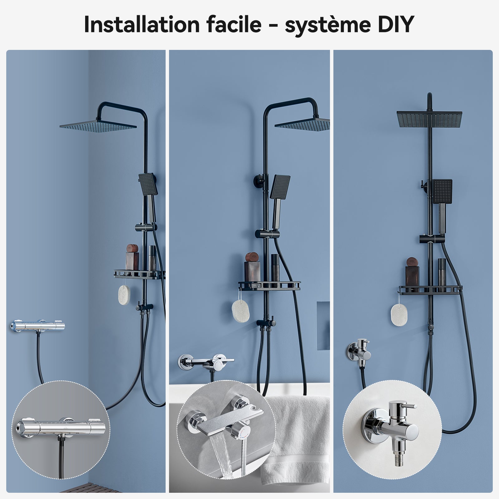 Colonne Douche Inox,Réglable Hauteur Ensemble Douche Murale avec Étagère Douche Set kit Douche sans Robinet avec Pommeau Douche Carré 25.5cm,Noir - 8